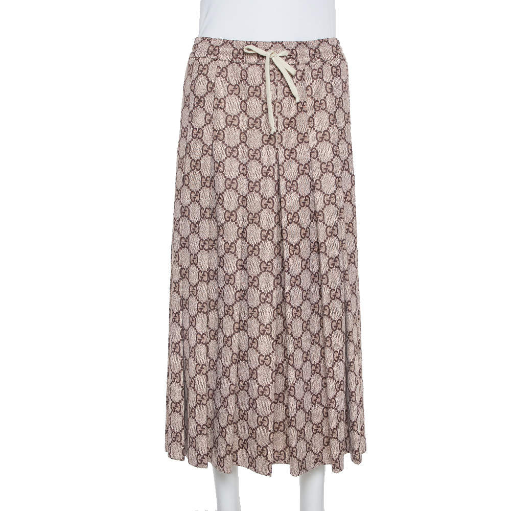 Pre Owned Gucci Beige Guccissima Printed Knit Pleated Midi Skirt XS