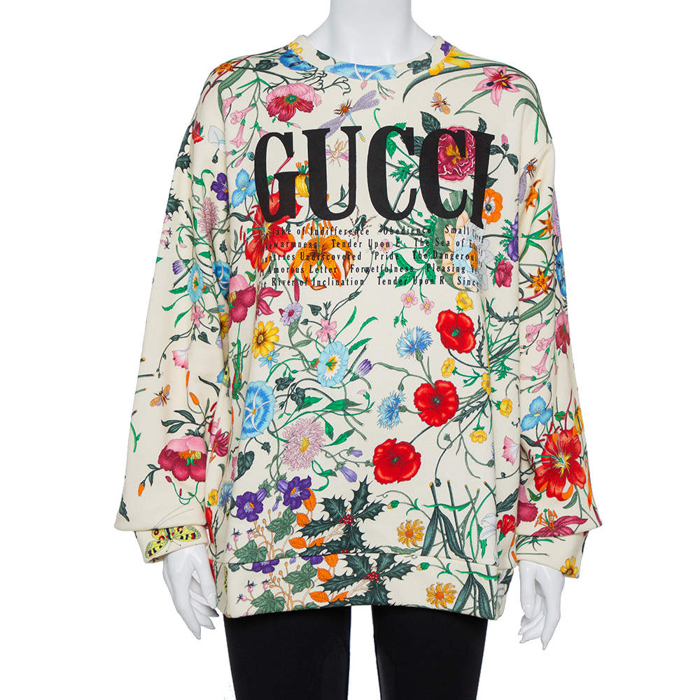 Gucci Cream Flora Print Cotton Crewneck Oversized Sweatshirt M