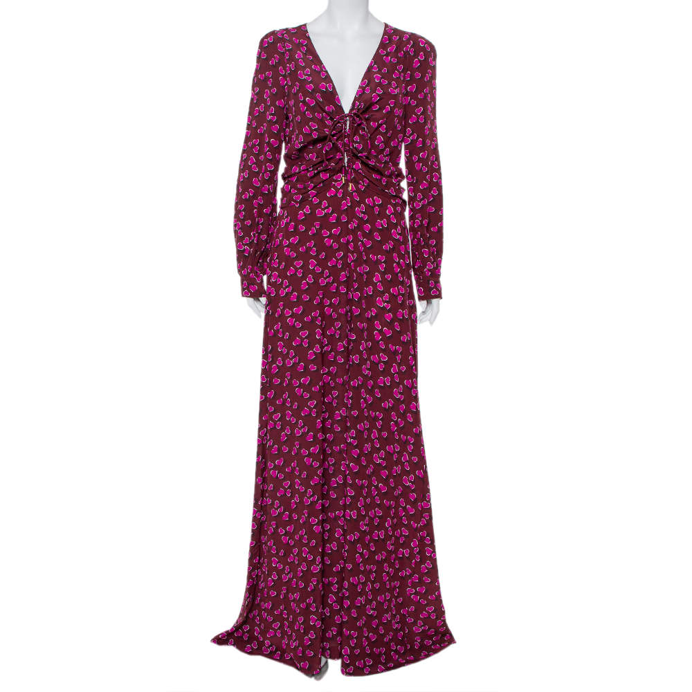Gucci Burgundy Heartbeat Print Silk Ruched Detail Maxi Dress M