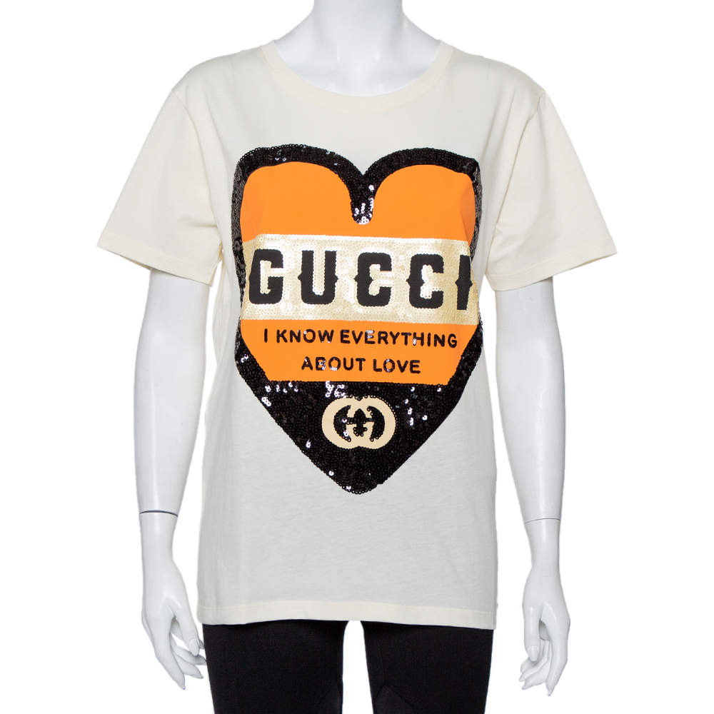 Gucci Cream Cotton Sequin Embellished Heart Detail Oversized Crewneck T-Shirt XS