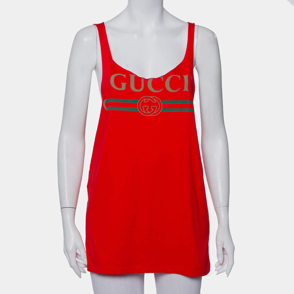 Pre Owned Gucci Red Logo Printed Cotton Tank Top S