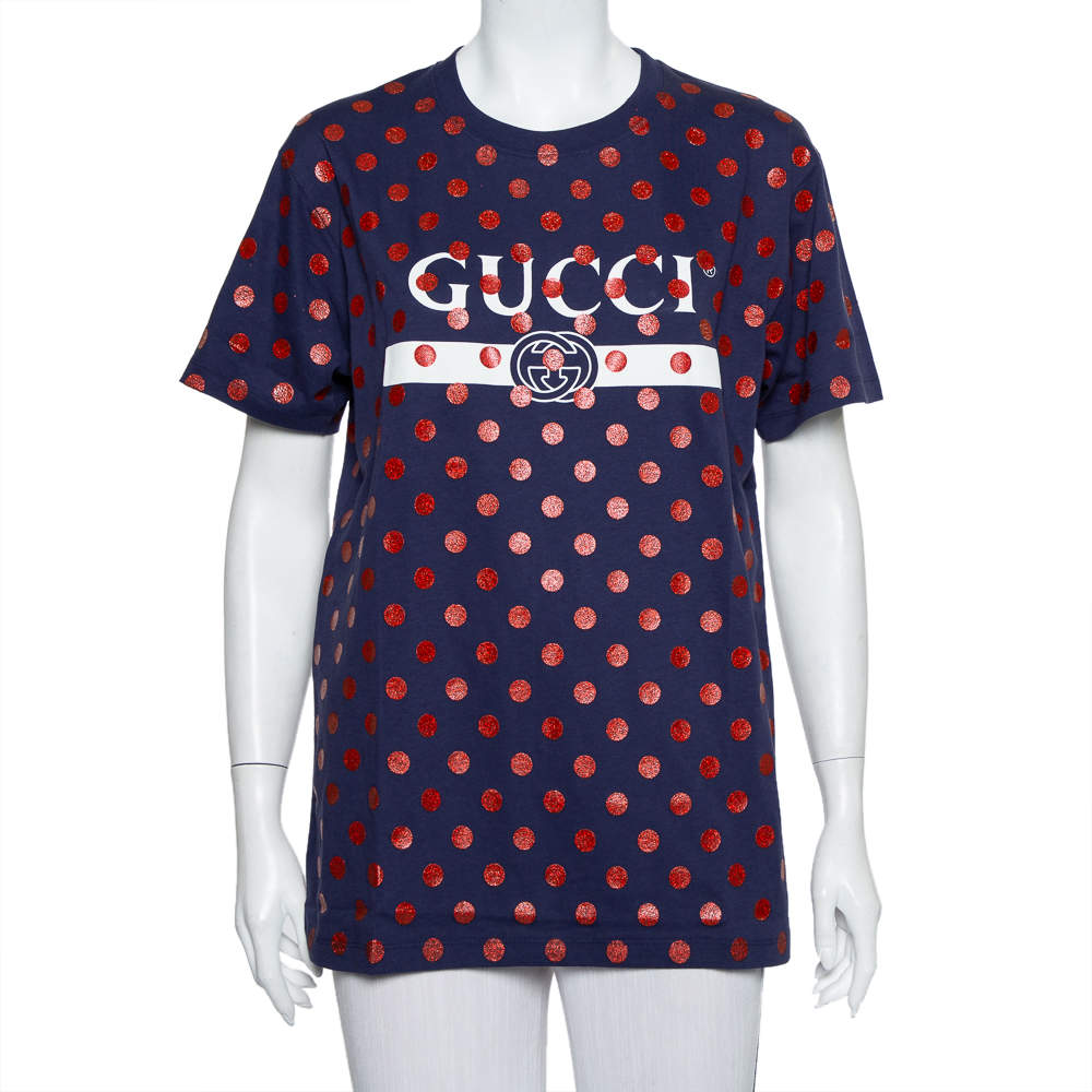 Gucci Navy Blue Cotton Polka Dot Logo Printed Crewneck T-shirt XS