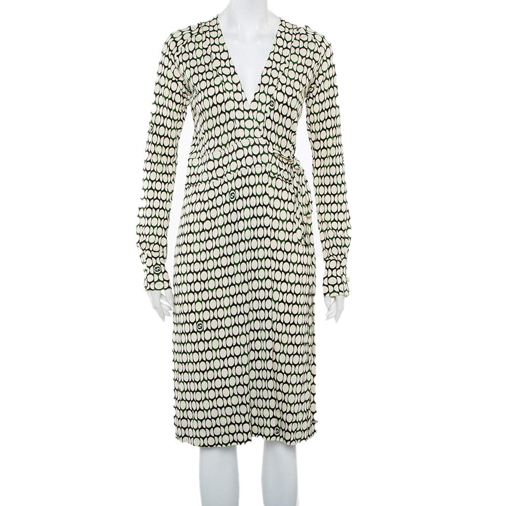 Gucci Cream Printed Knit Long Sleeve Wrap Midi Dress M