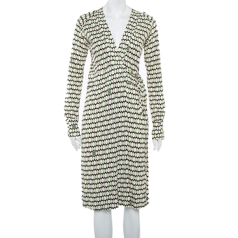 Pre Owned Gucci Cream Printed Knit Long Sleeve Wrap Midi Dress M