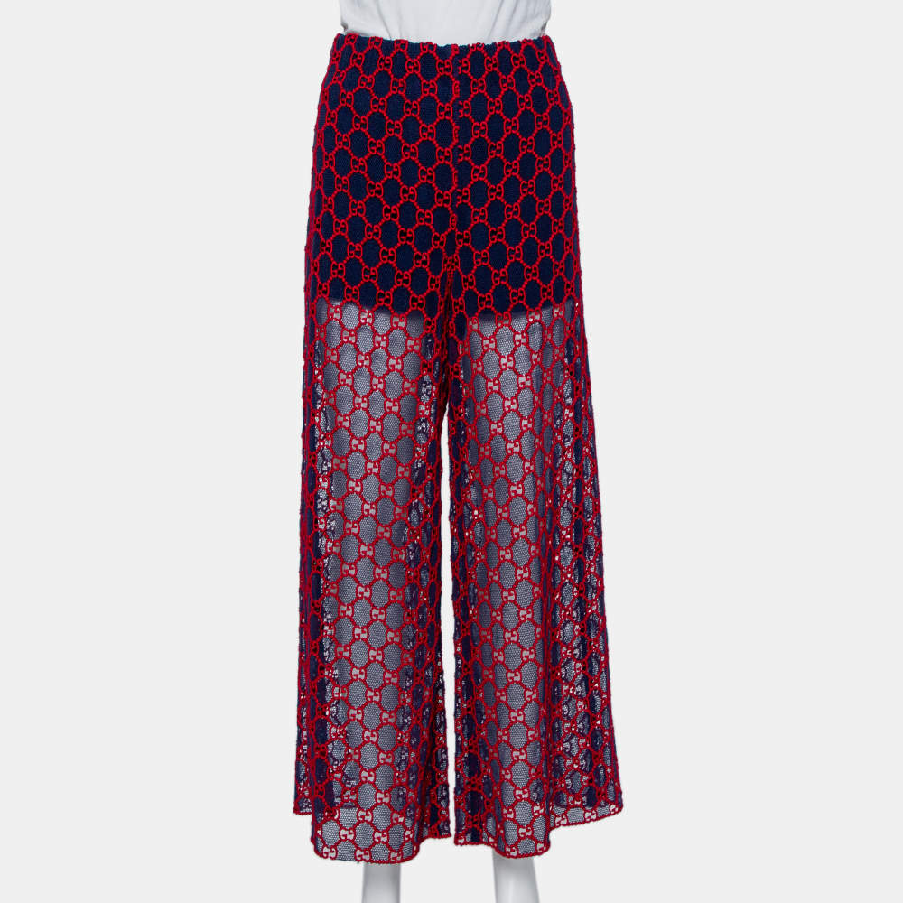 Pre Owned Gucci Navy Blue & Red Logo Embroidered Mesh Wide Leg Sheer Pants M