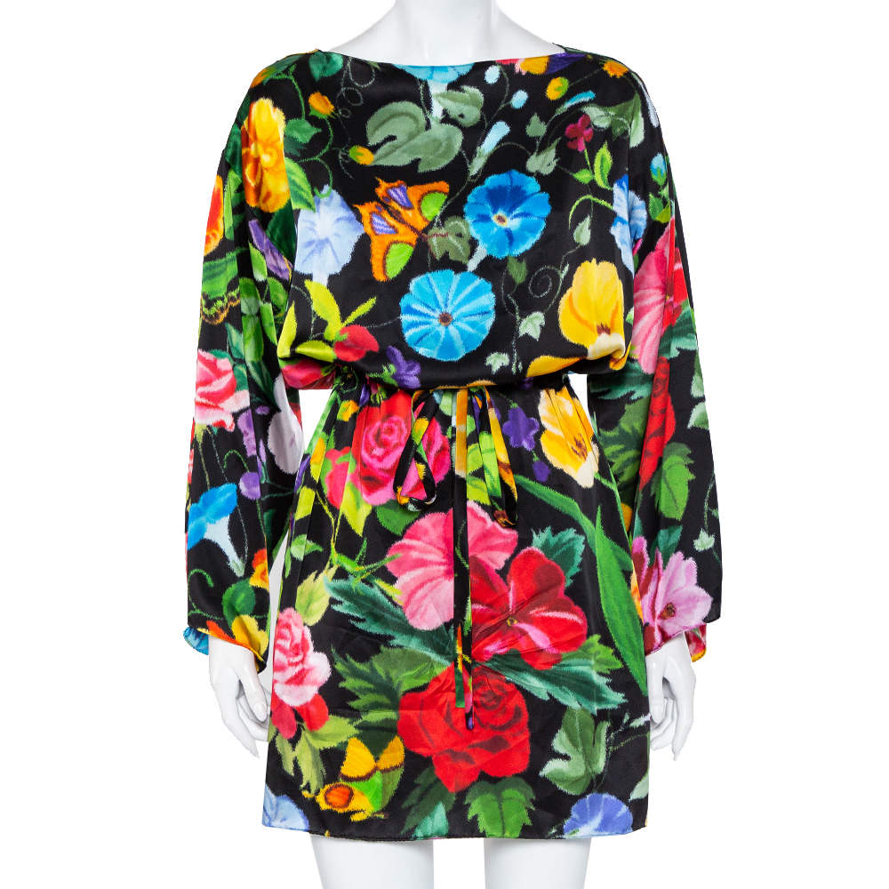 مملوكة مسبقًا Gucci Black Floral Printed Silk Waist tie Detail Oversized Mini Dress S