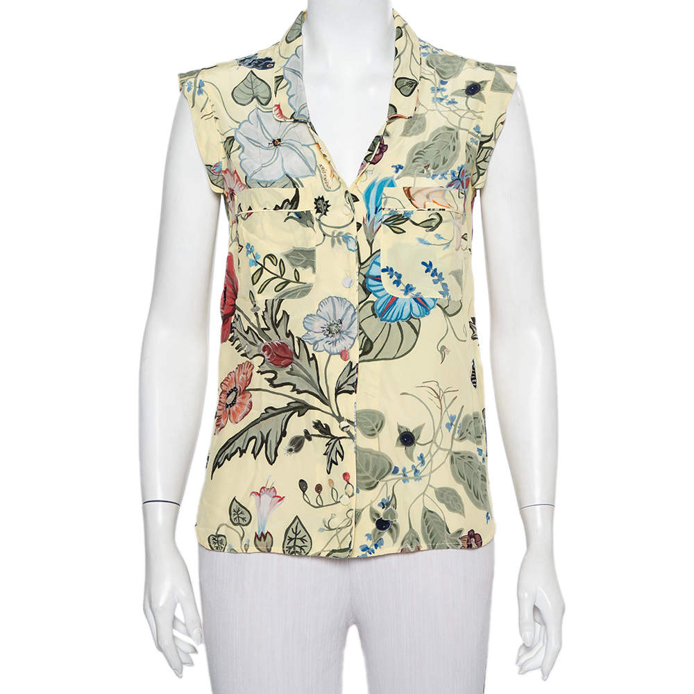 Gucci Yellow Floral Printed Silk Button Front Sleeveless Shirt M