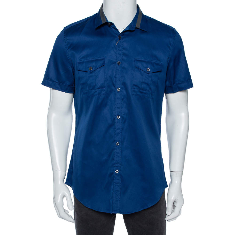 Gucci Blue Cotton Contrast Collar Detail Short Sleeve Skinny Fit Shirt L