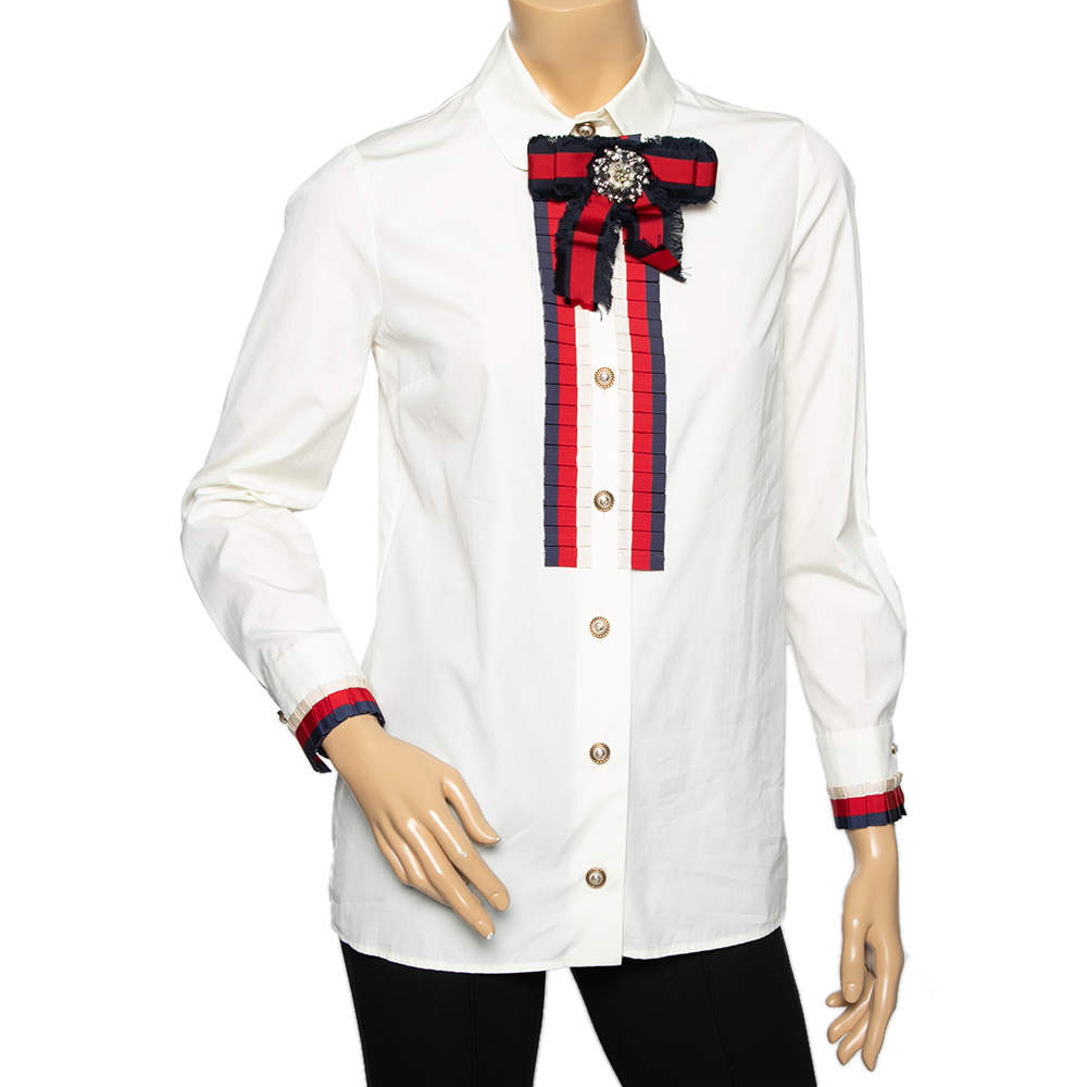 Pre Owned Gucci Magnolia White Cotton Poplin Sylvie Web Trim Brooch Detail Shirt S