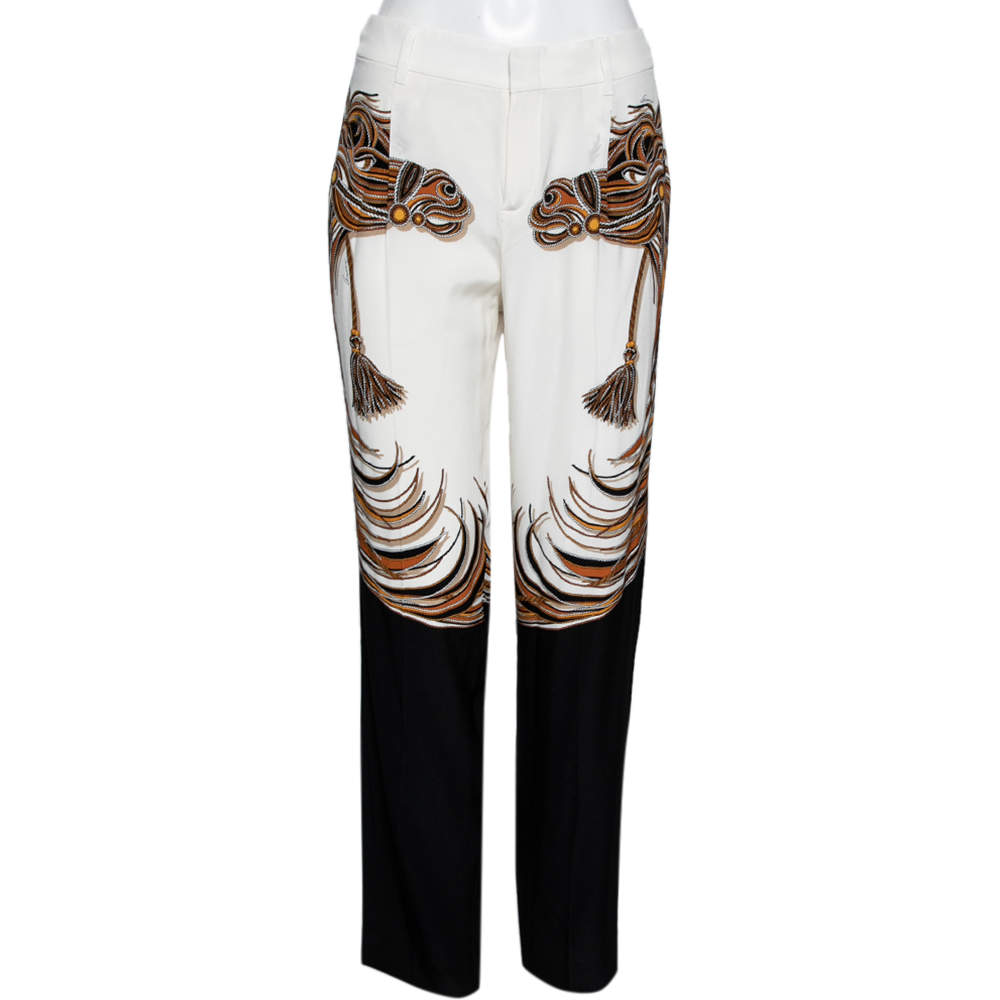Pre Owned Gucci White Horse and Tassel Printed Silk Pants M
