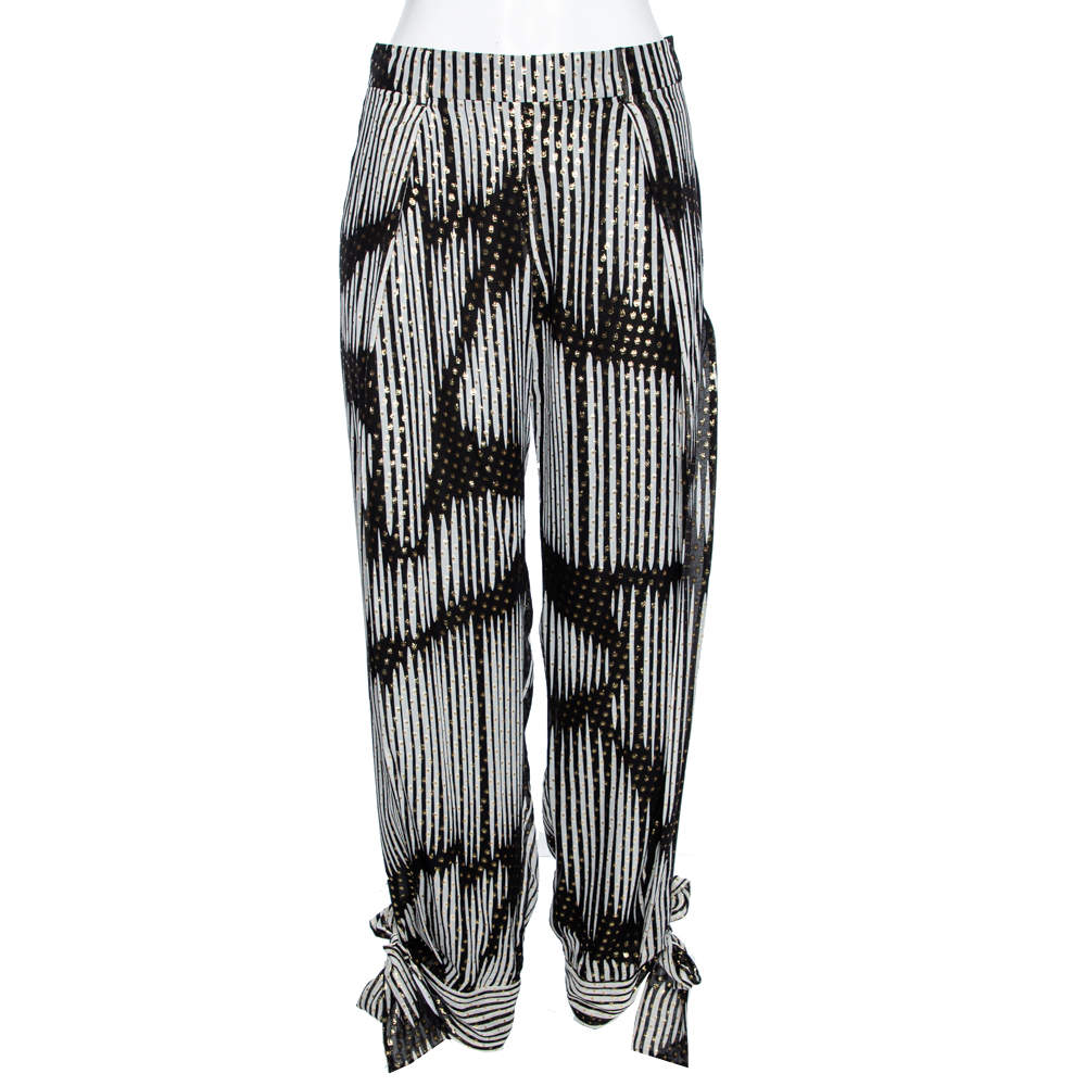 Pre Owned Gucci Monochrome & Lurex Polka Dotted Silk Pants M
