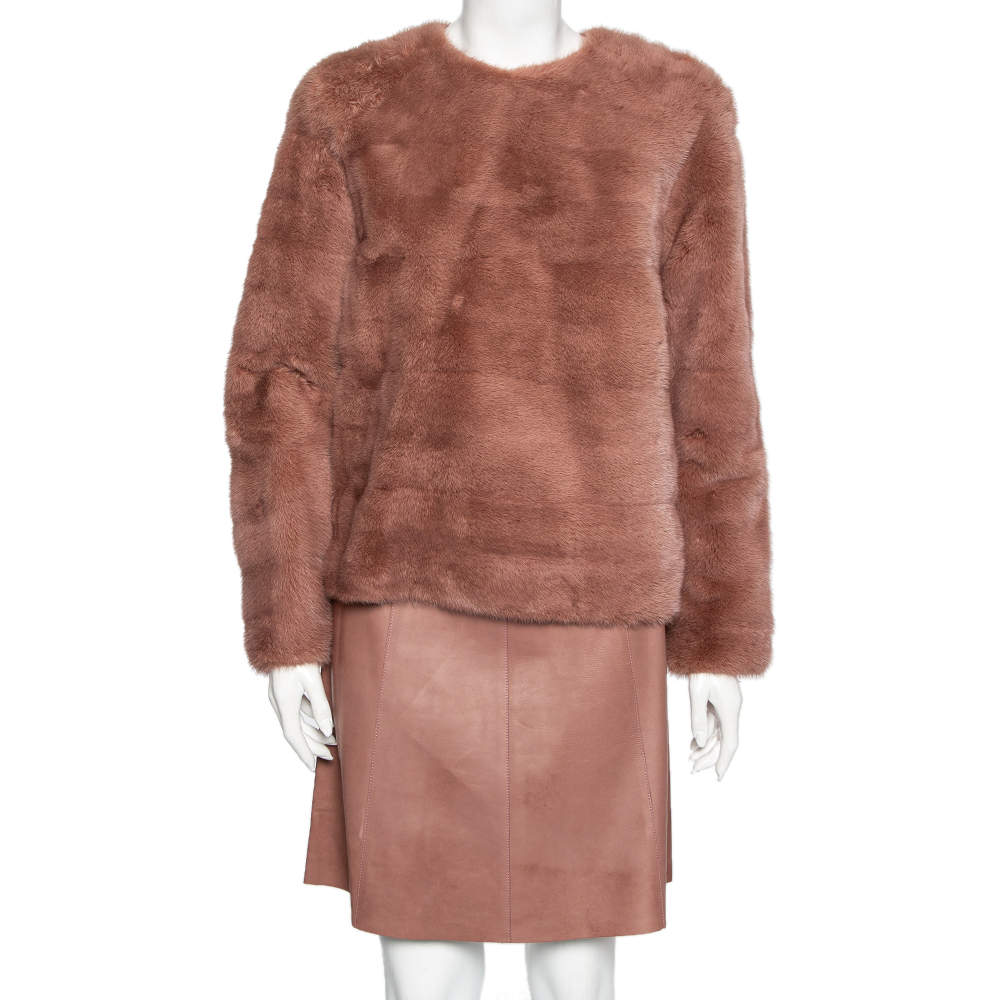 Gucci Pink Mink Fur Long Sleeve Top & Leather Skirt Set M