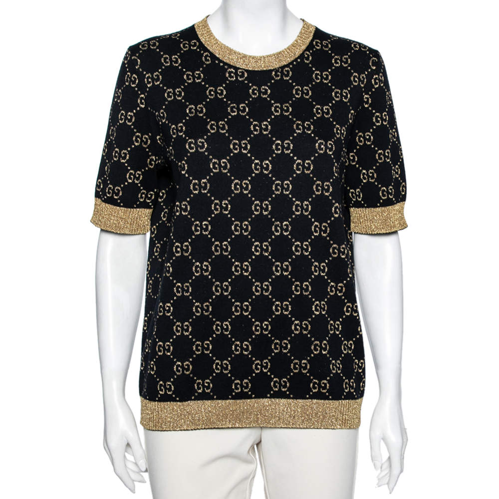 Pre Owned Gucci Navy Blue and Gold Lamé GG Knit Top XXL