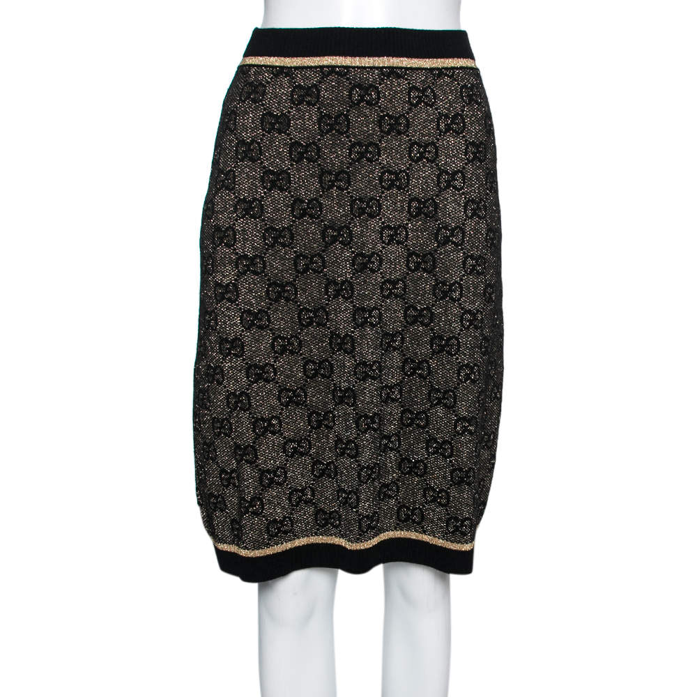 Pre Owned Gucci Gold & Black GG Lurex Jacquard Wool Skirt S