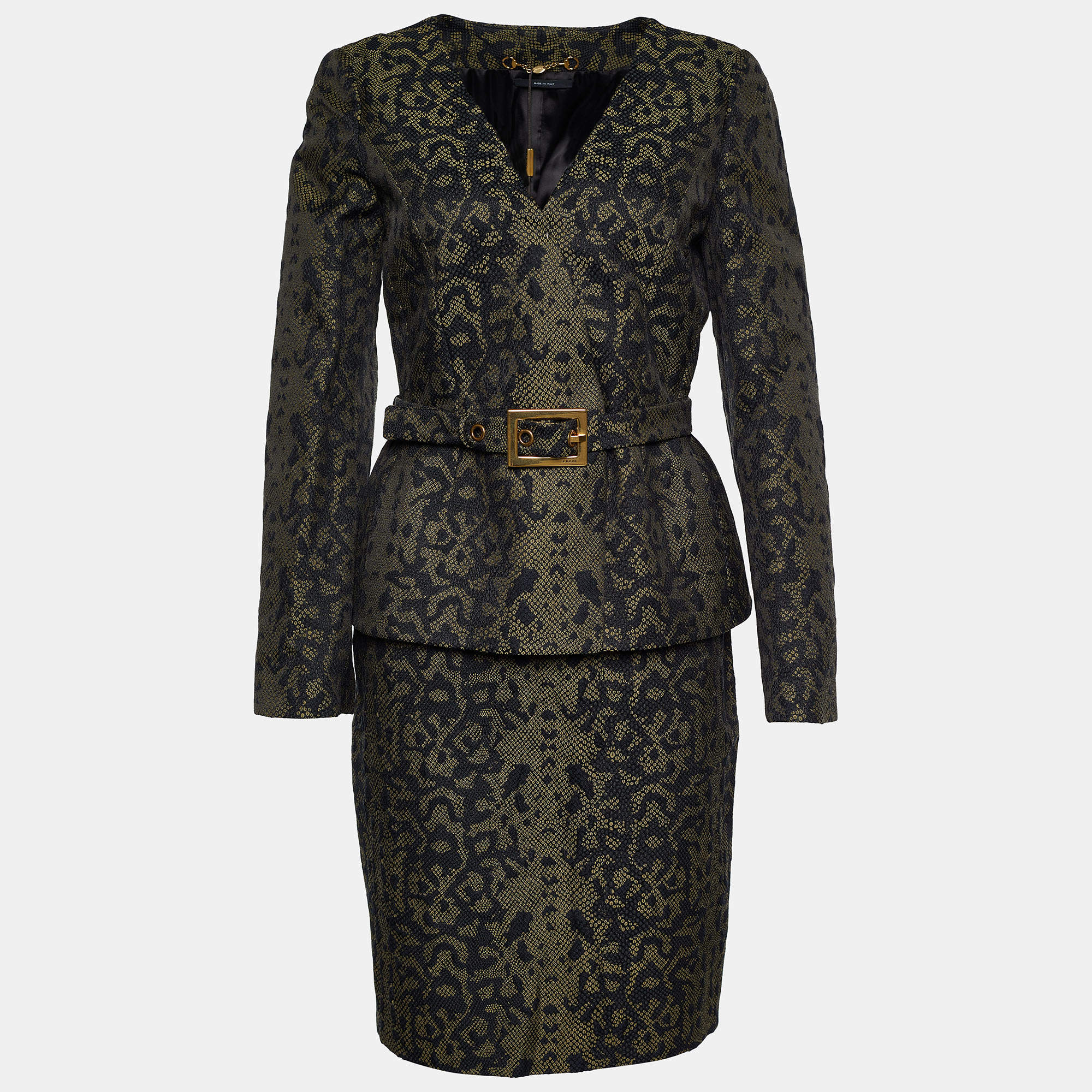 Gucci Green Animal Pattered Jacquard Skirt Suit M