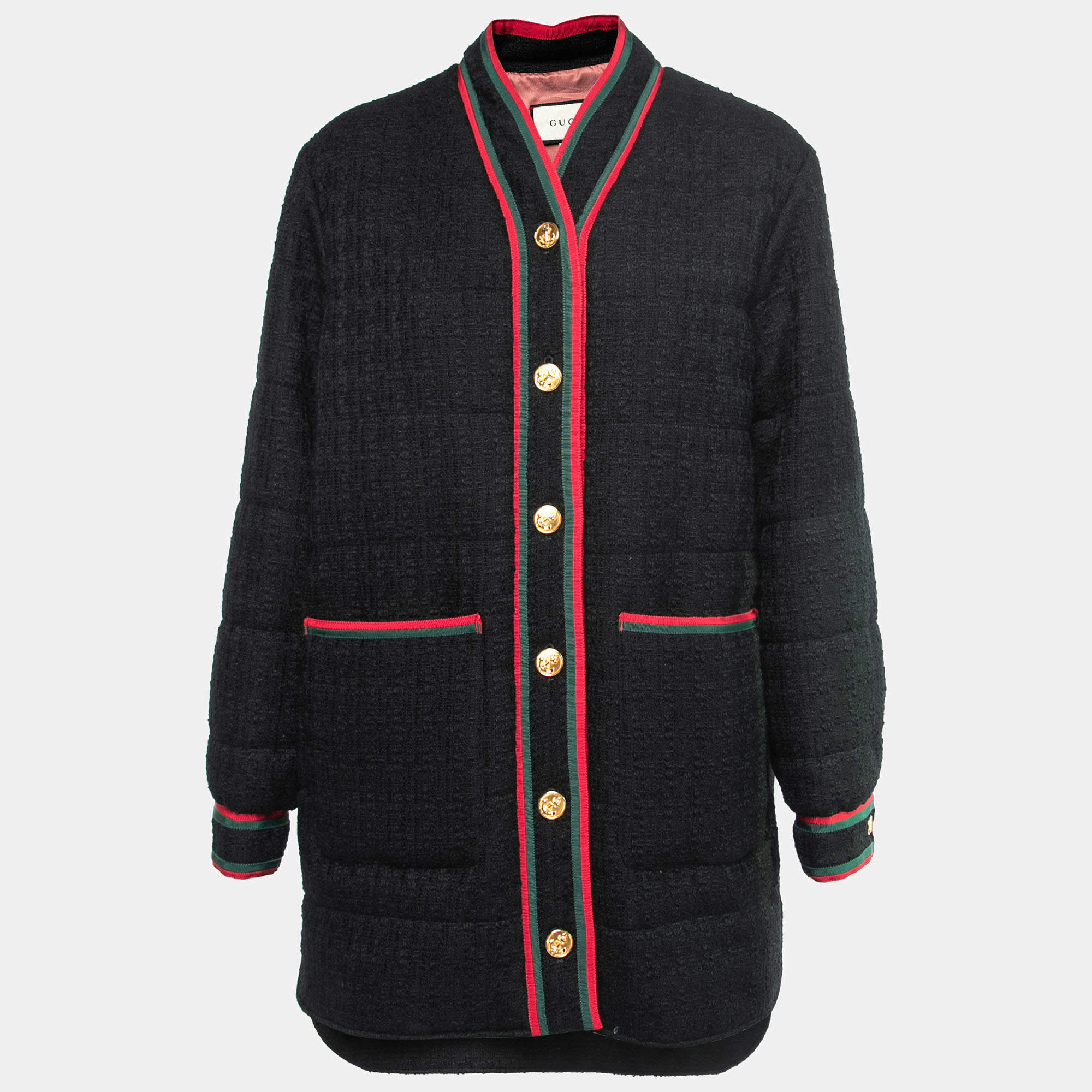 Gucci Black Wool Web-Trim Padded Jacket S