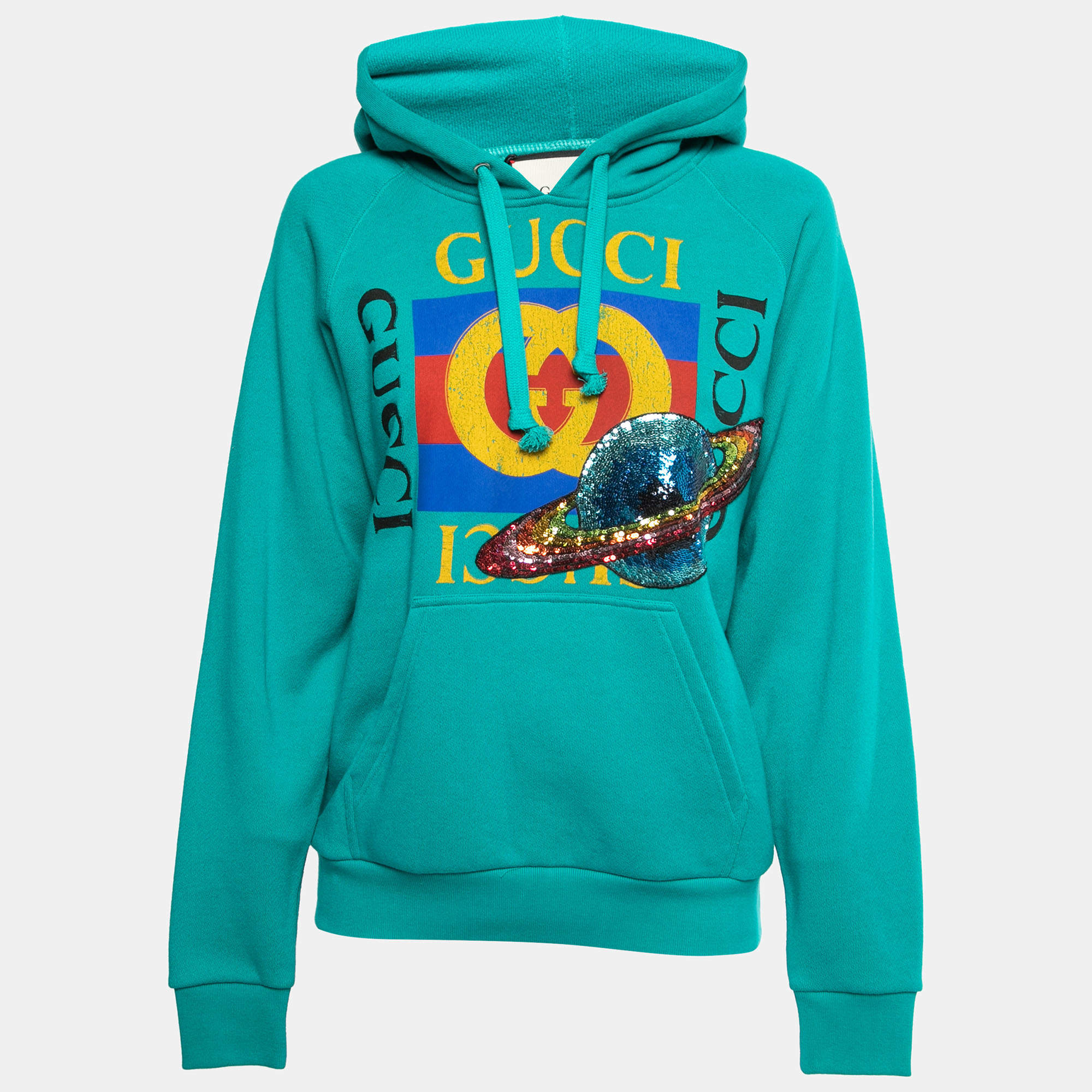 Gucci Teal Blue Cotton Planet Sequined Hooded Sweatshirt XS