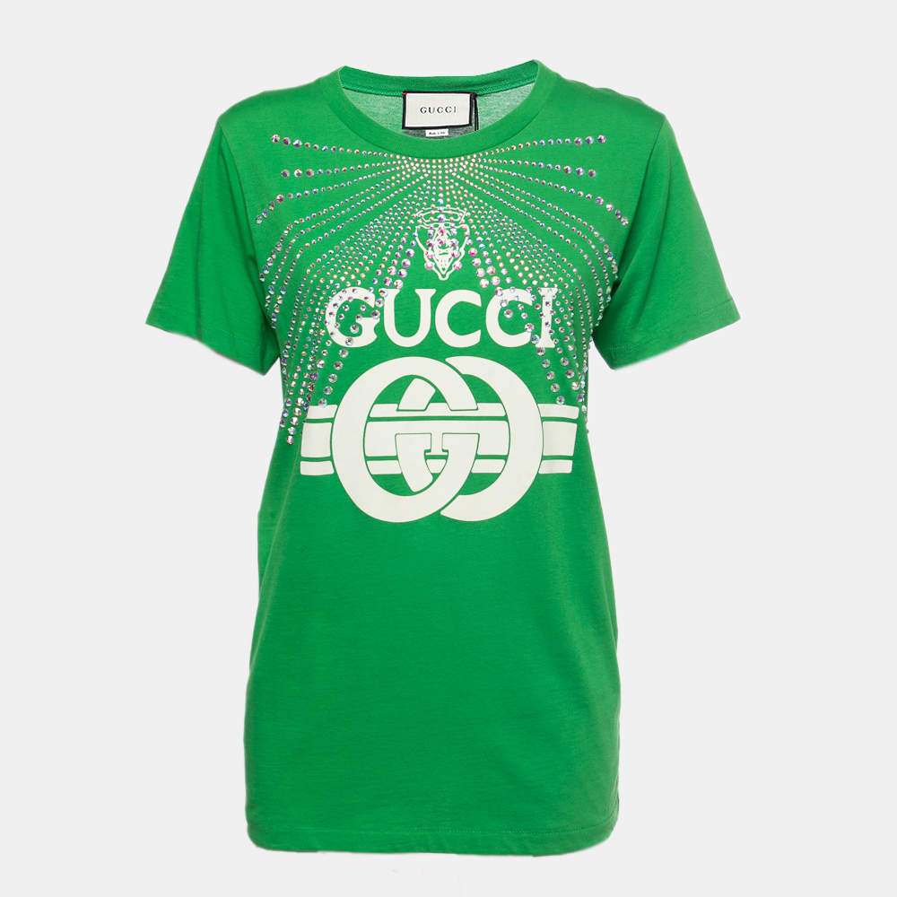 Gucci Green Logo Print Rhinestone Embellished T-Shirt L