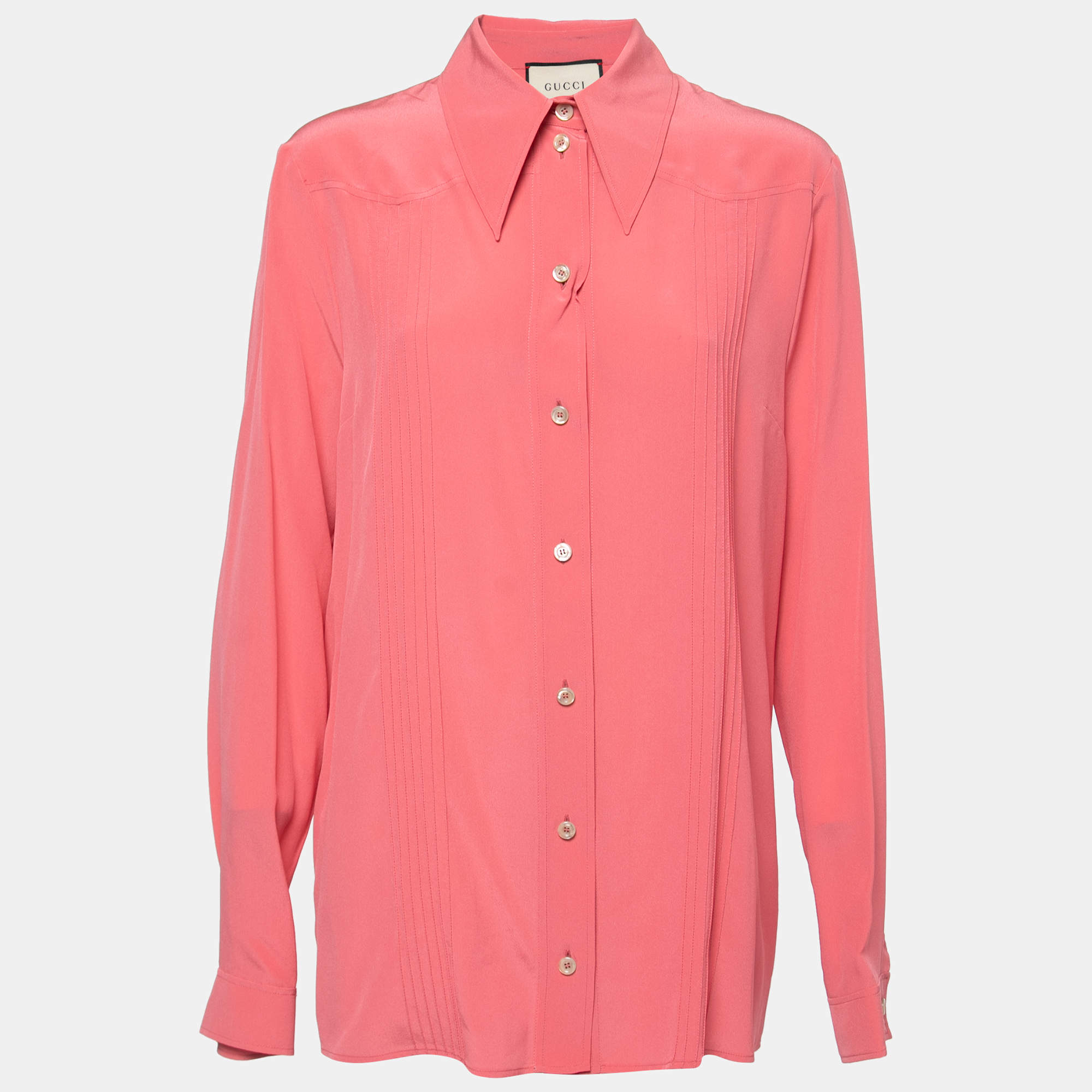 Gucci Pink Silk-Satin Pleated Long Sleeve Shirt L