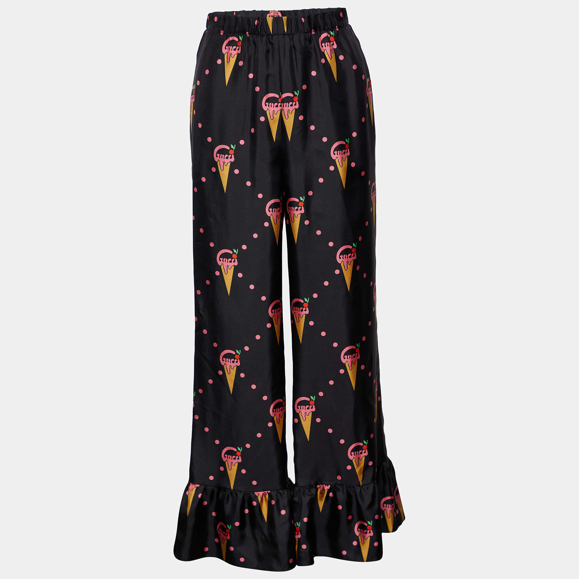 Gucci Black Ice Cream Printed Silk Flared Hem Pants S