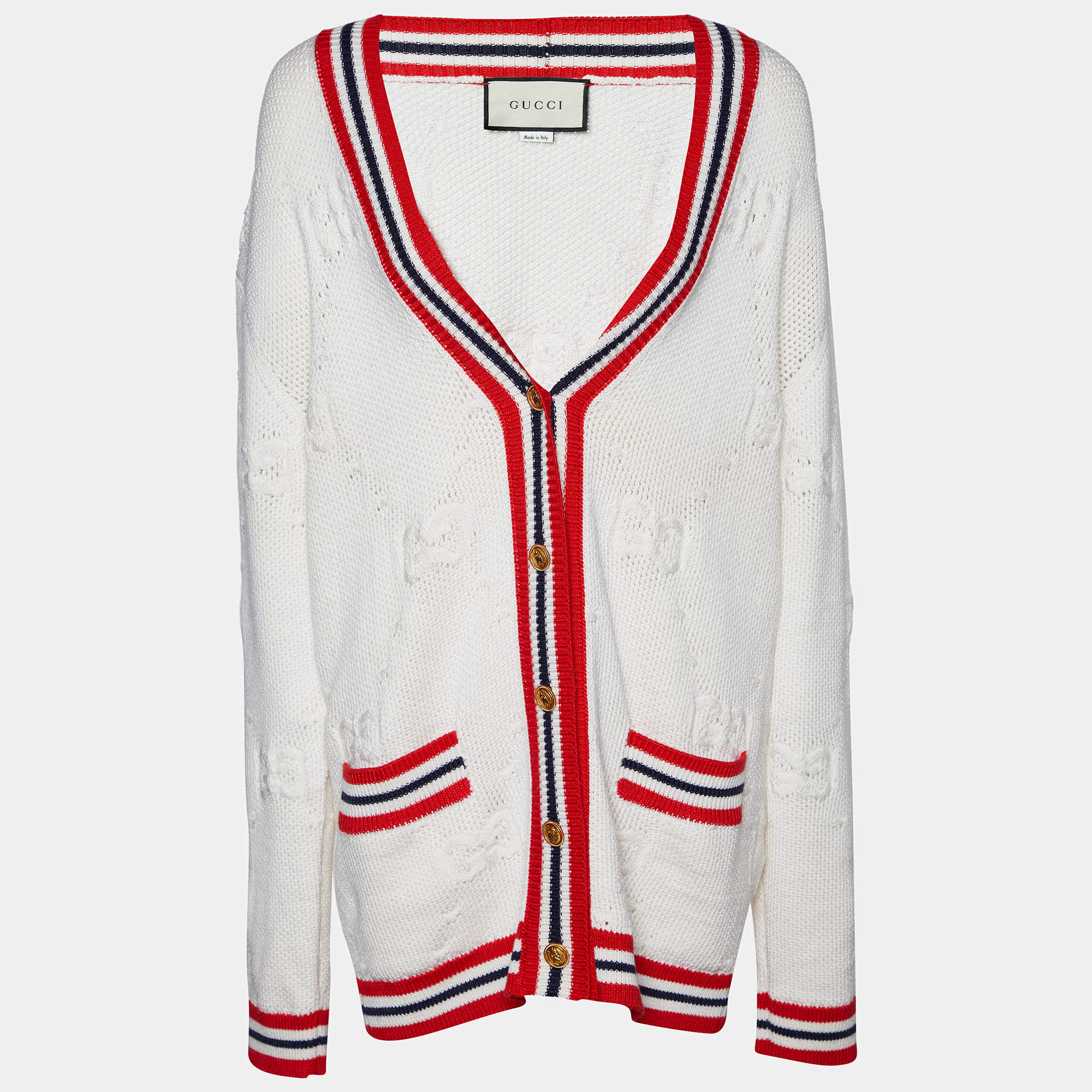 Pre Owned Gucci Off White Wool Knit Contrast Detail Button Front Cardigan S
