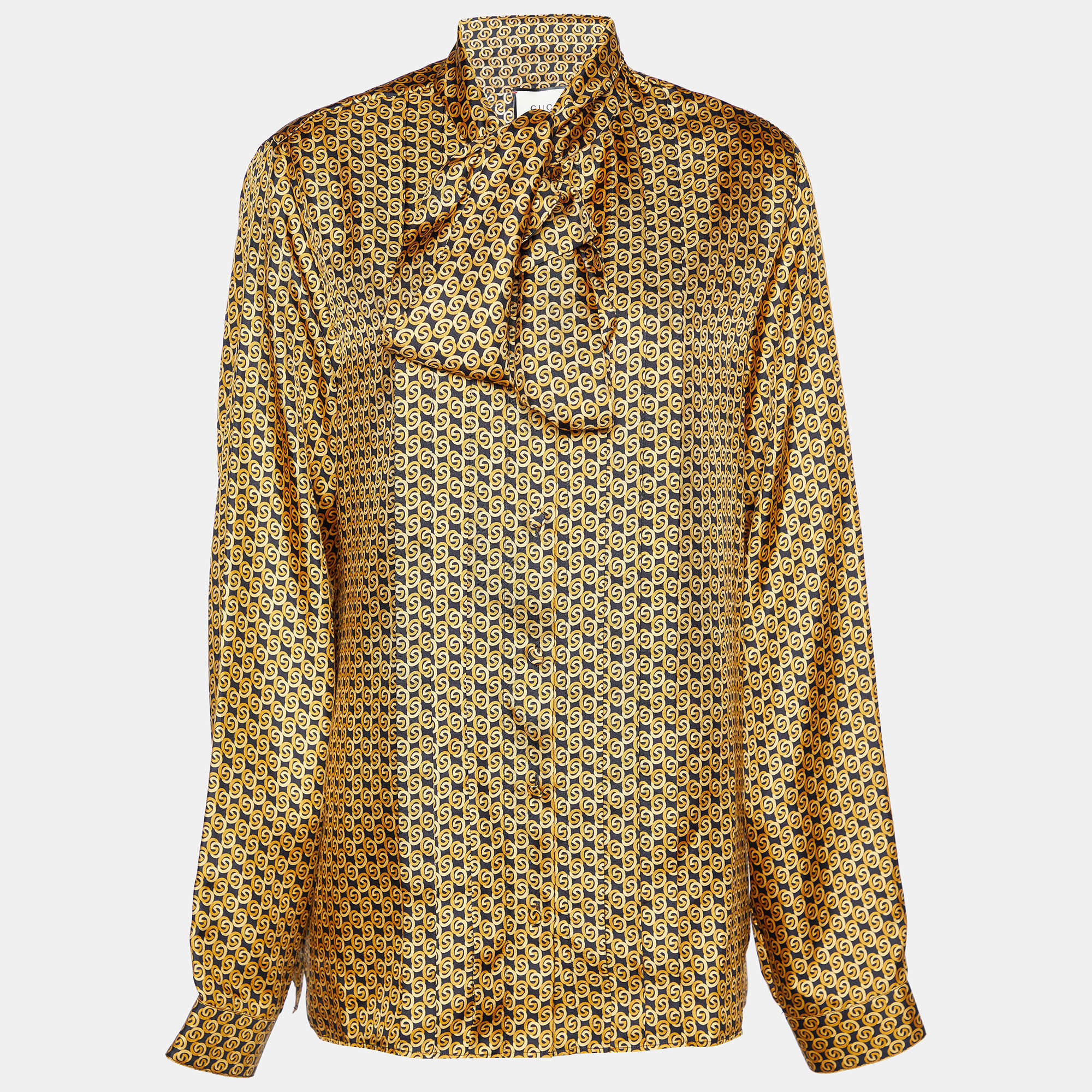 Pre Owned Gucci Gold interlocking Printed Silk Neck Tie Detail Shirt L
