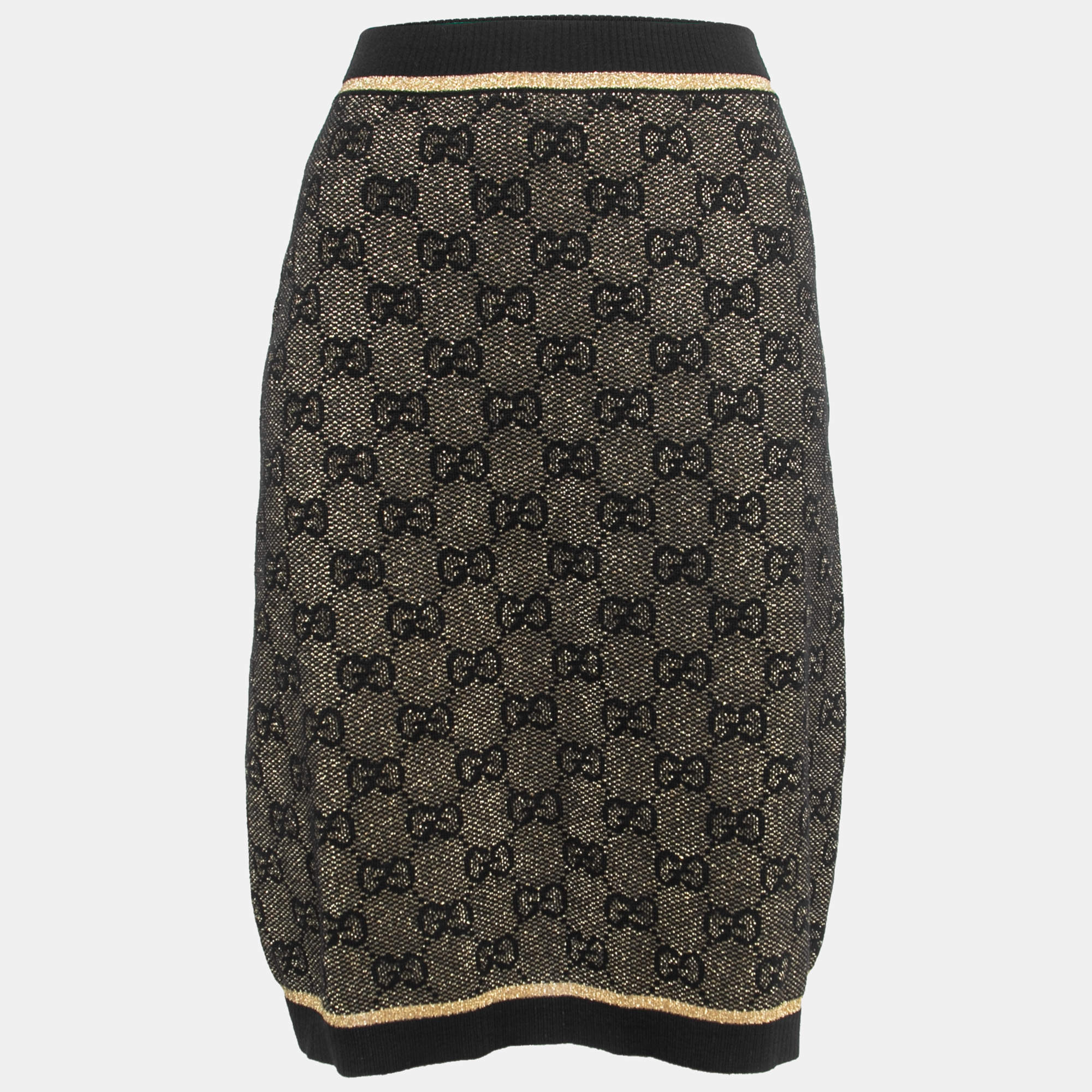 Pre Owned Gucci Black Patterned Lurex Knit Knee Length Skirt S