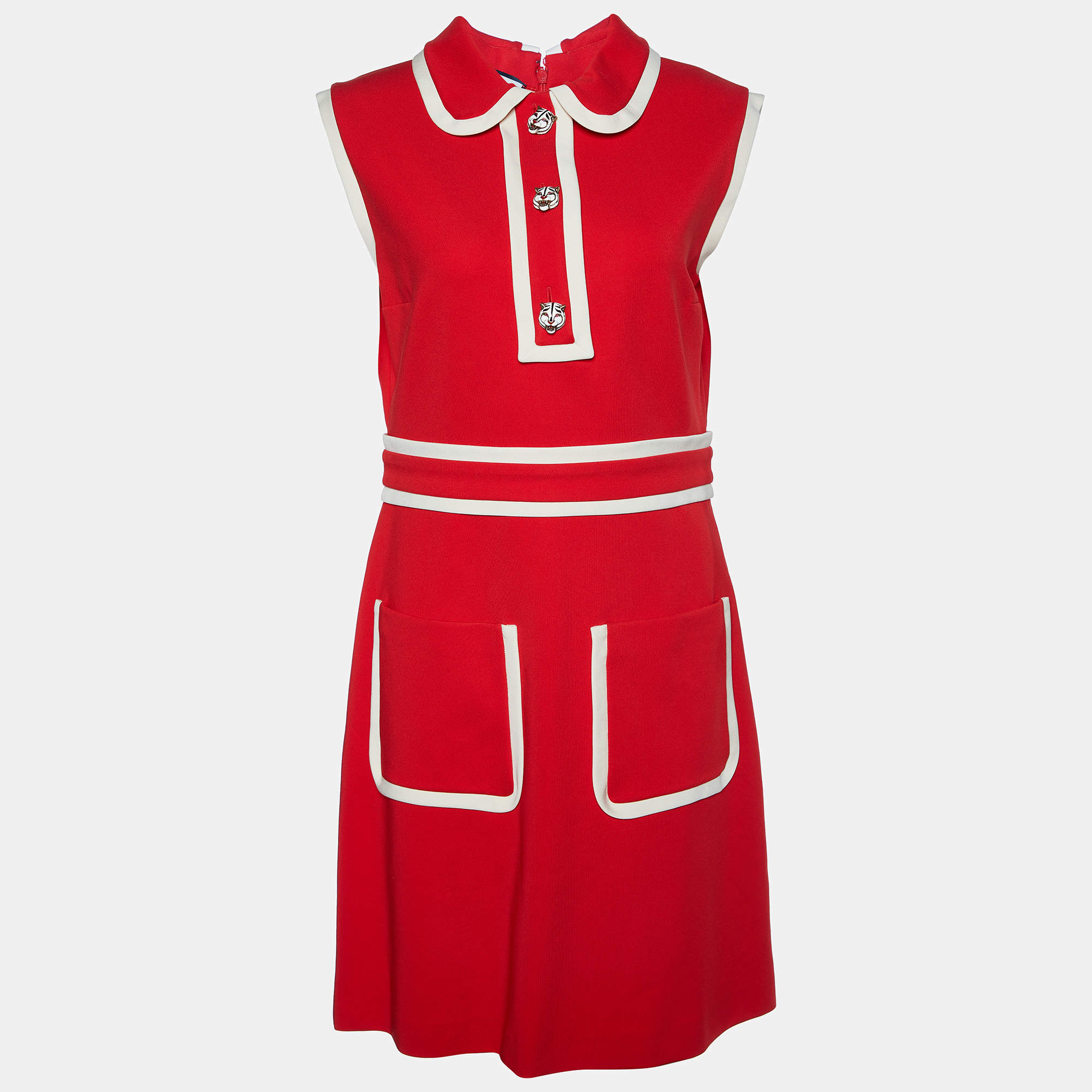 Pre Owned Gucci Red & Cream Jersey Sleeveless Midi Dress XL