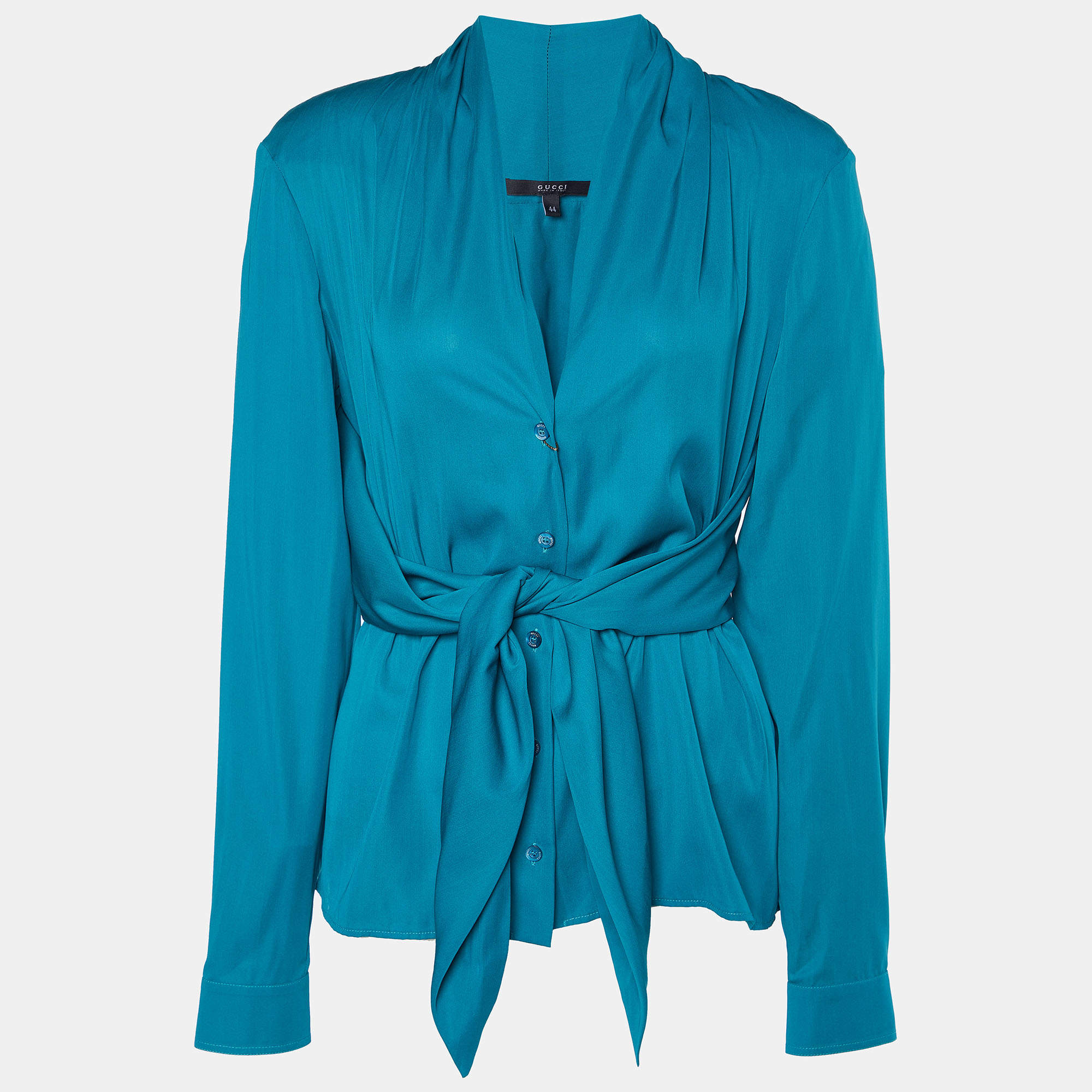 Pre Owned Gucci Green Silk Waist Tie Drape Detail Shirt M