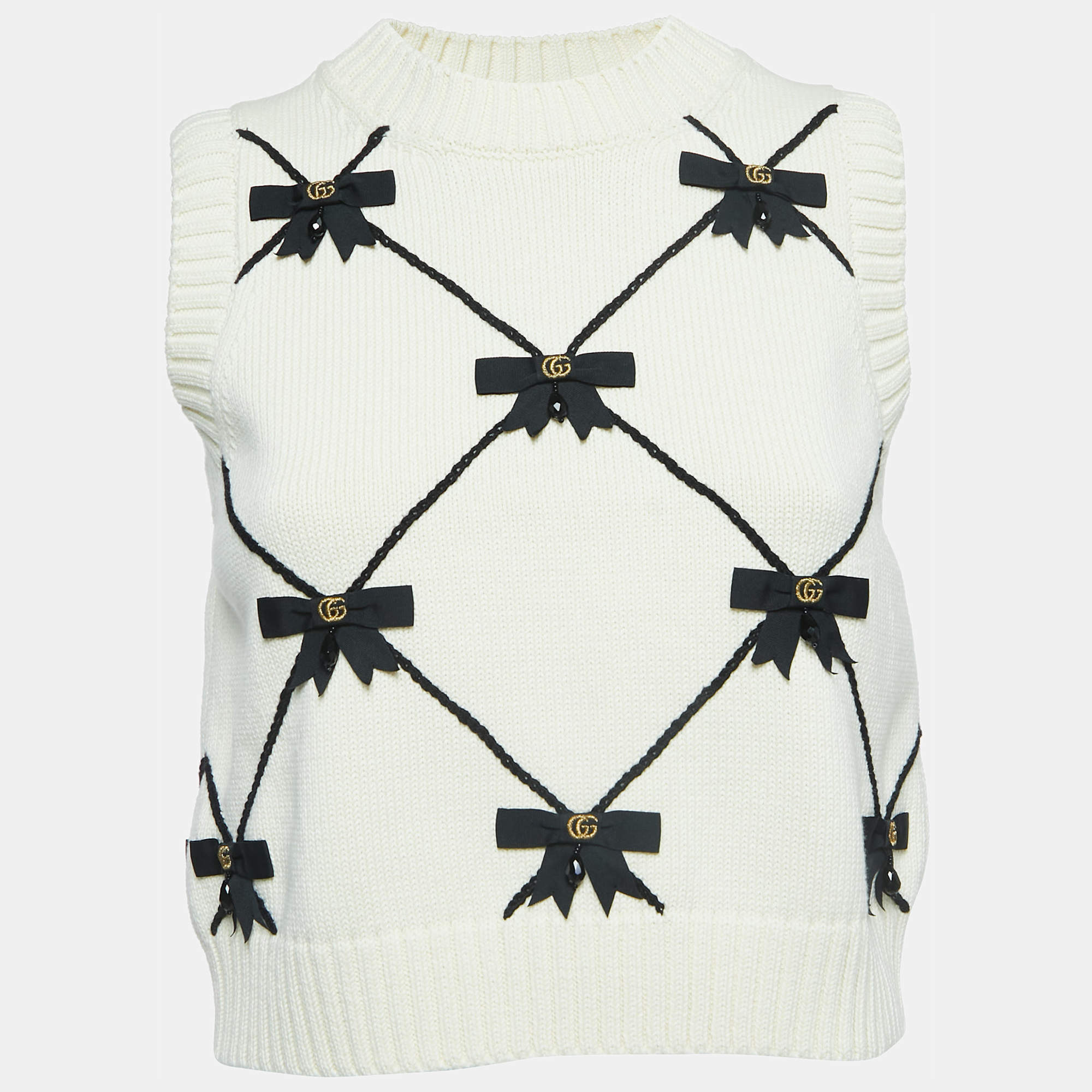 Gucci White Bow Embellished Knit Sleeveless Vest S