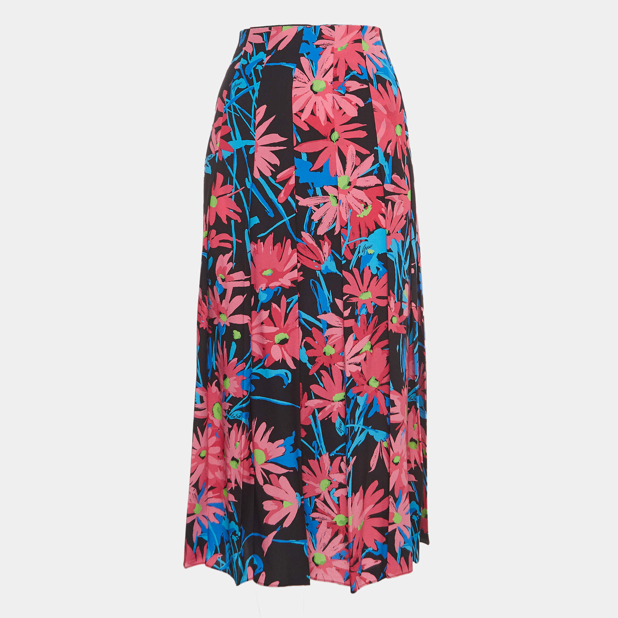 Gucci Black/Multicolor Floral Print Silk Midi Skirt M