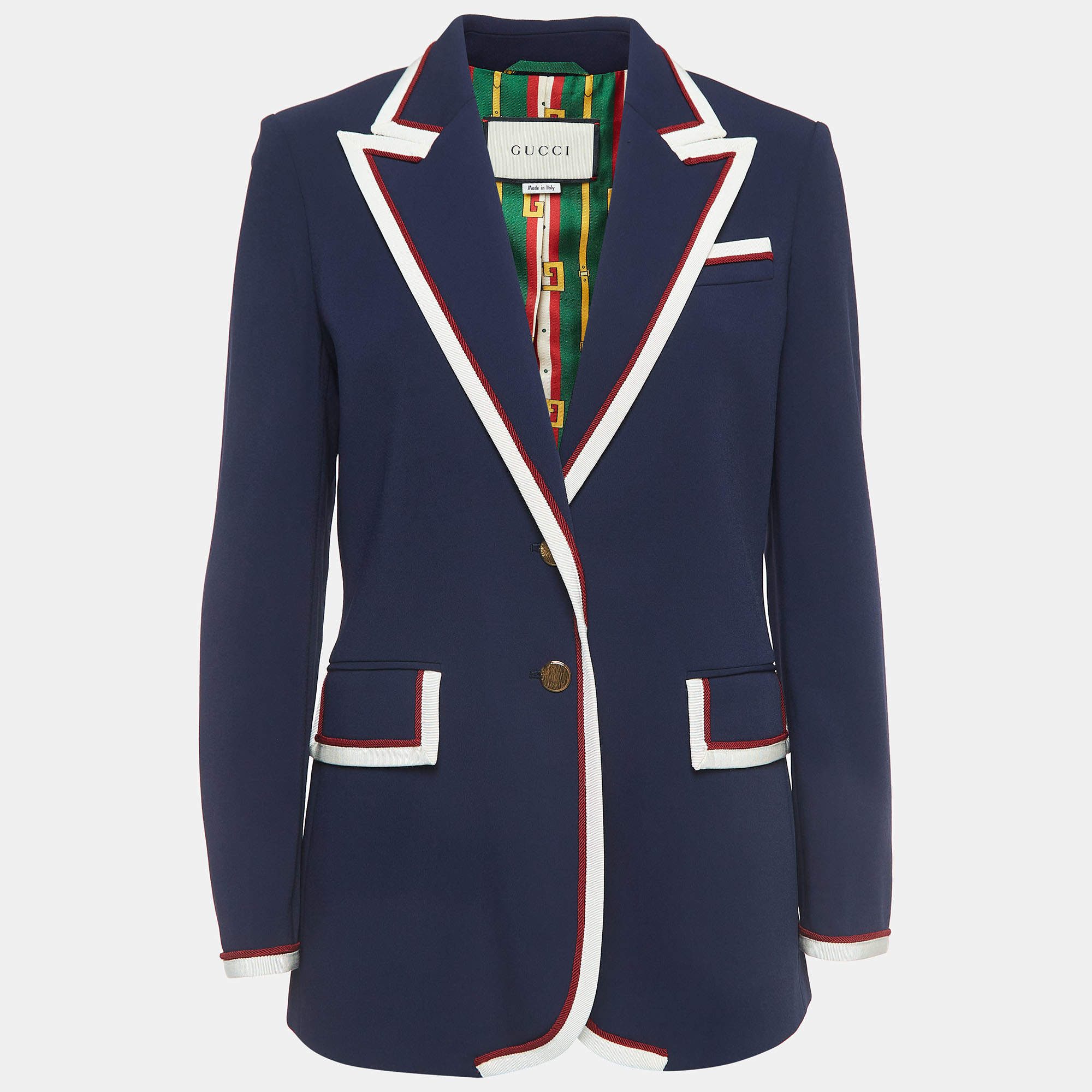 Pre Owned Gucci Navy Blue Crepe Contrast Trim Detail Button Front Blazer M