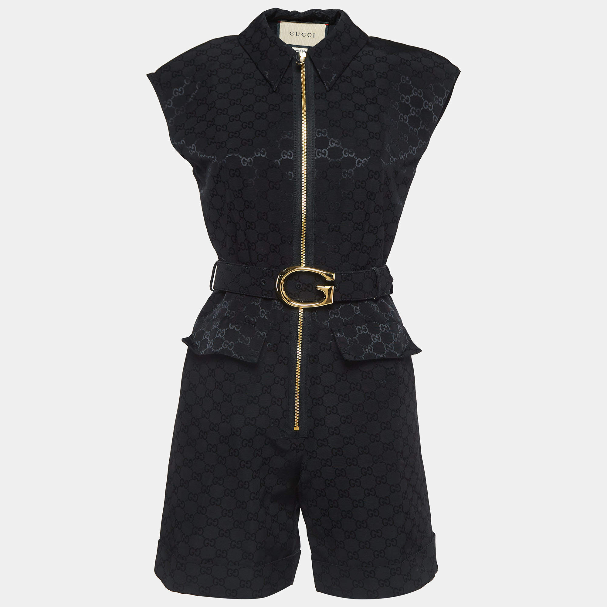 Gucci Black Monogram Jacquard Faille Belted Jumpsuit S