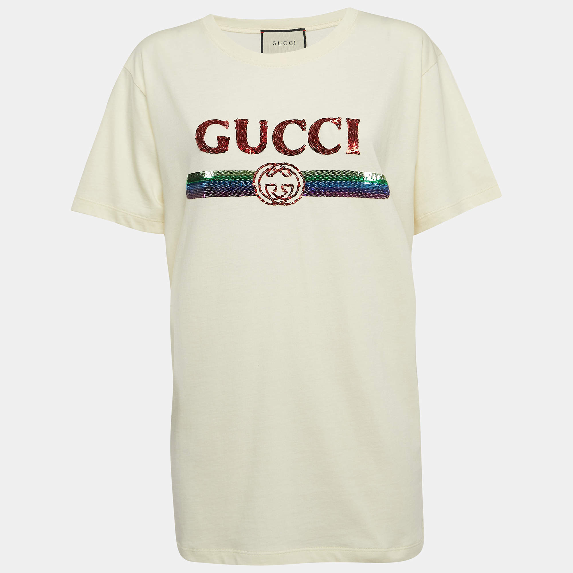 Gucci Cream Logo Sequined Cotton Crew Neck T-Shirt M