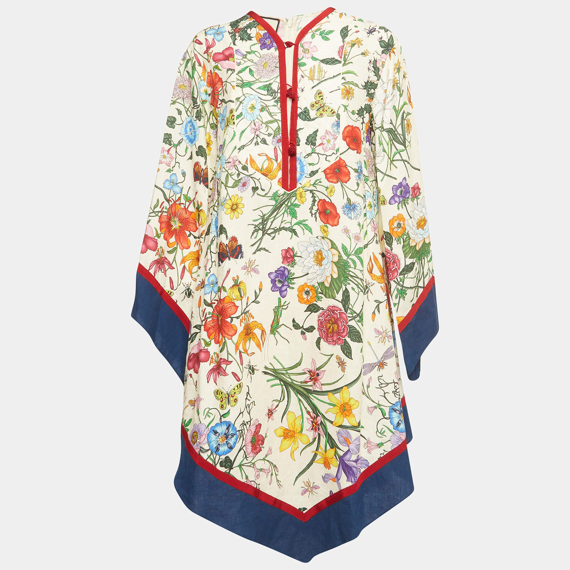 Pre Owned Gucci Cream/Multicolor Printed Linen Kaftan Dress M