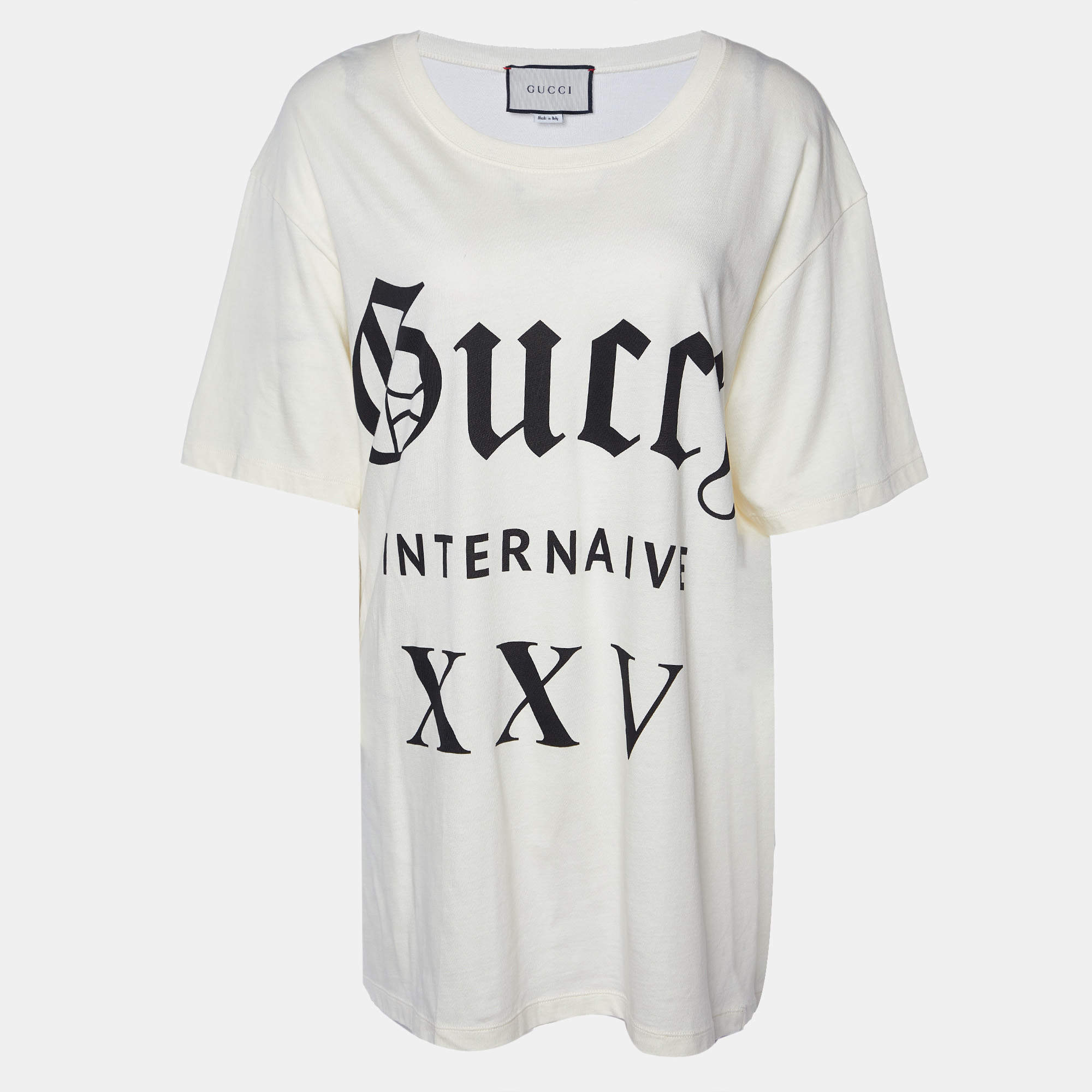 Gucci Cream Guccy Print Cotton Crew Neck T-Shirt L
