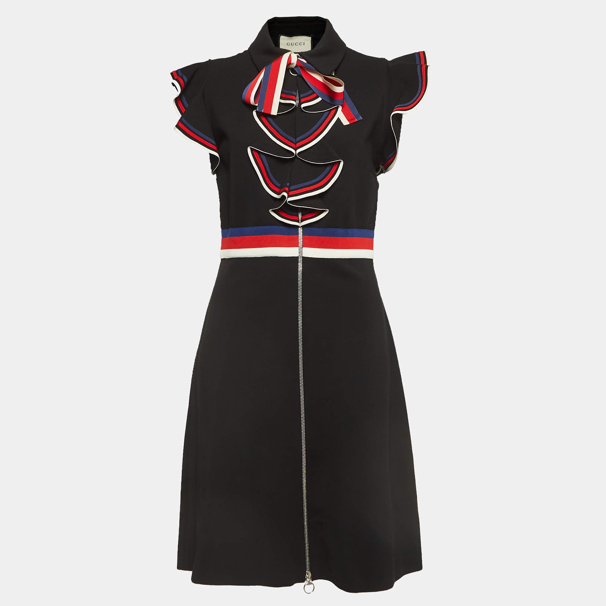 Gucci Black Stretch Jersey Sylvie Web Trim Ruffled Dress XL