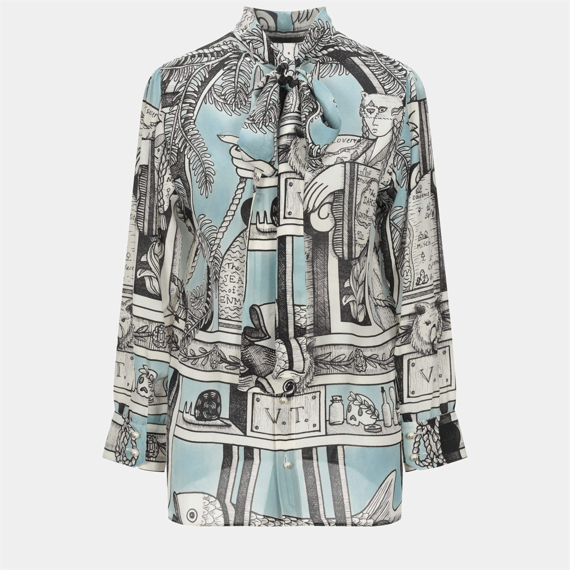 Pre Owned Gucci Blue Printed Silk Long Sleeve Blouse S (IT 38)