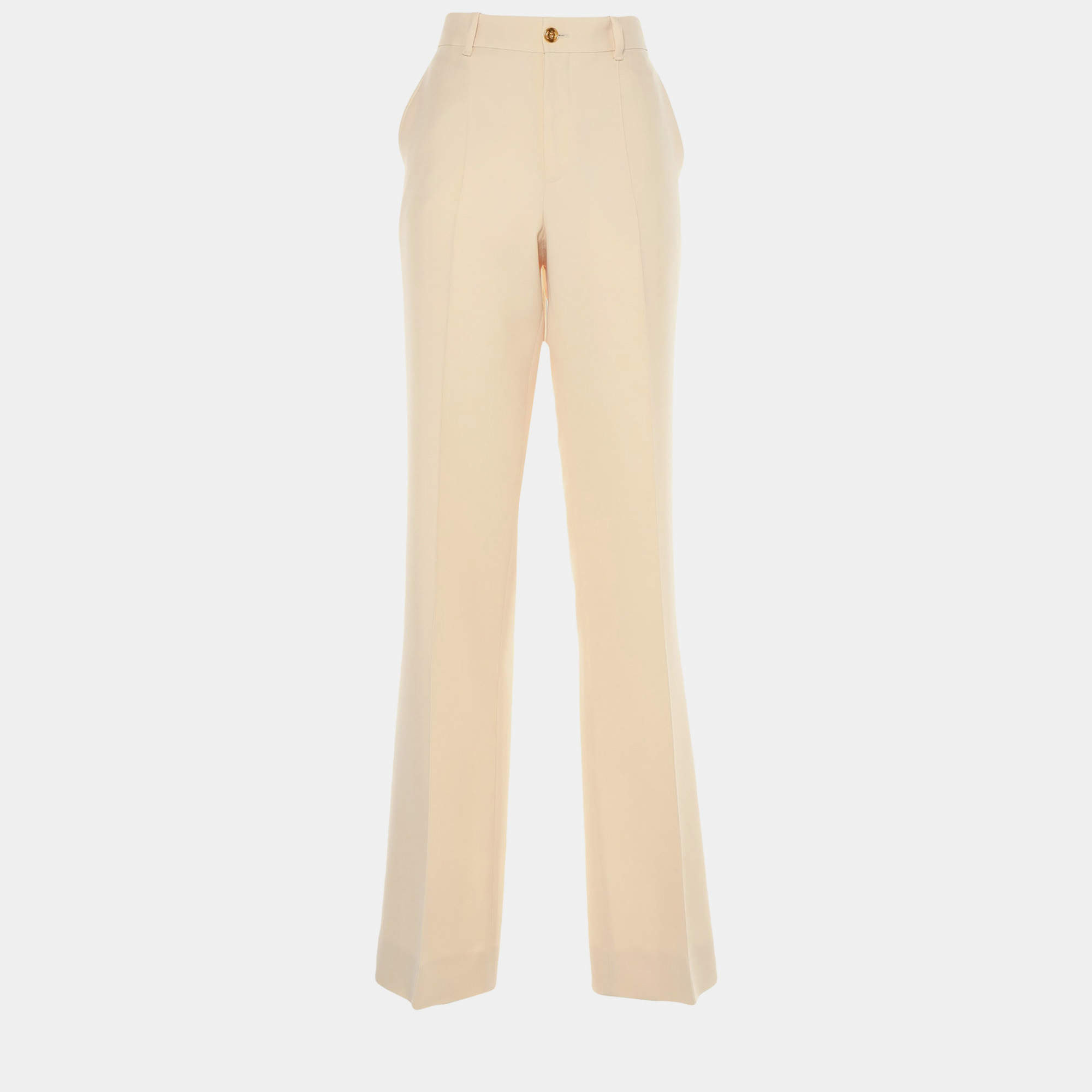 Pre Owned Gucci Cream Silk & Wool Wide Leg Pants L (IT 44)