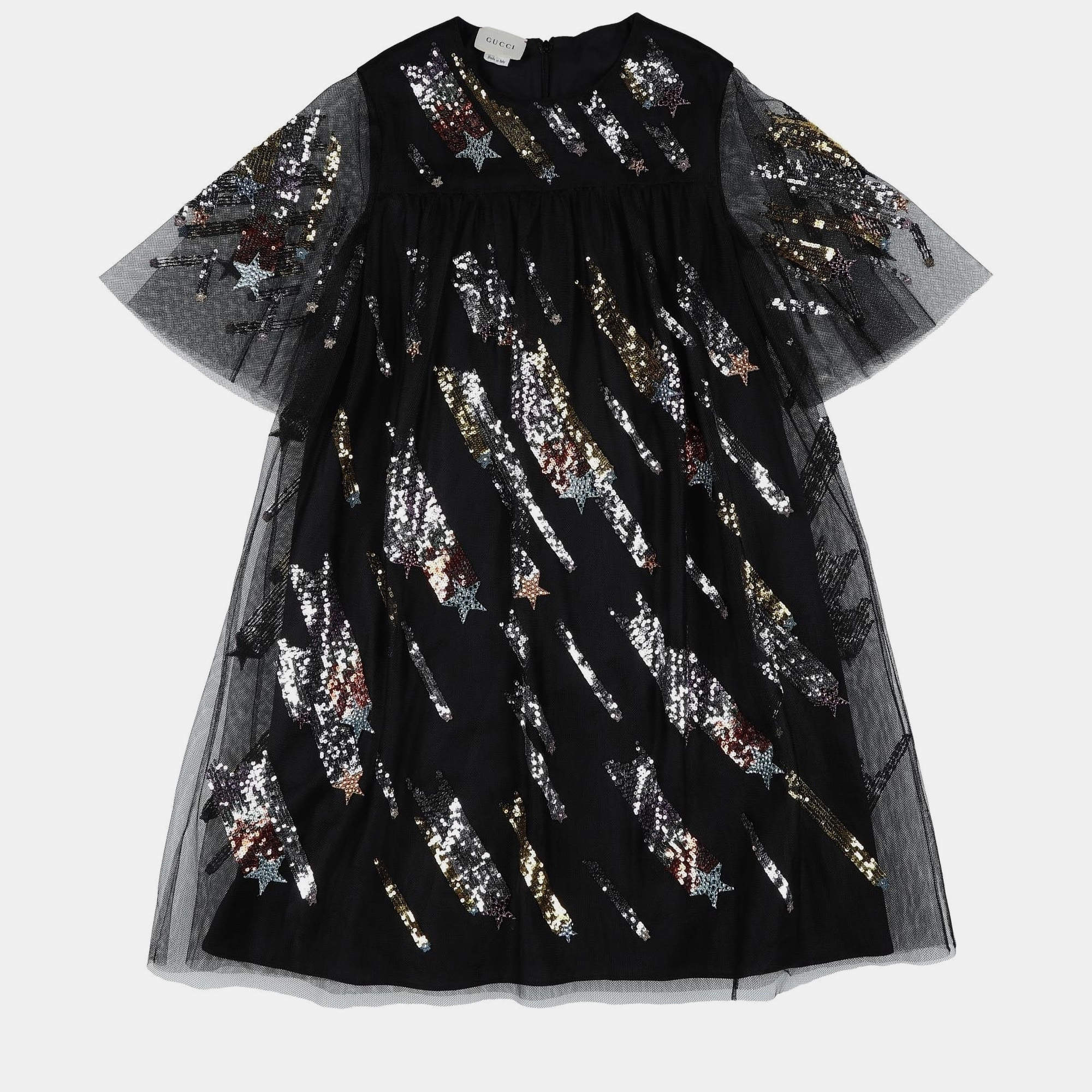Pre Owned Gucci Black Sequined Tulle Dress Size 10Y