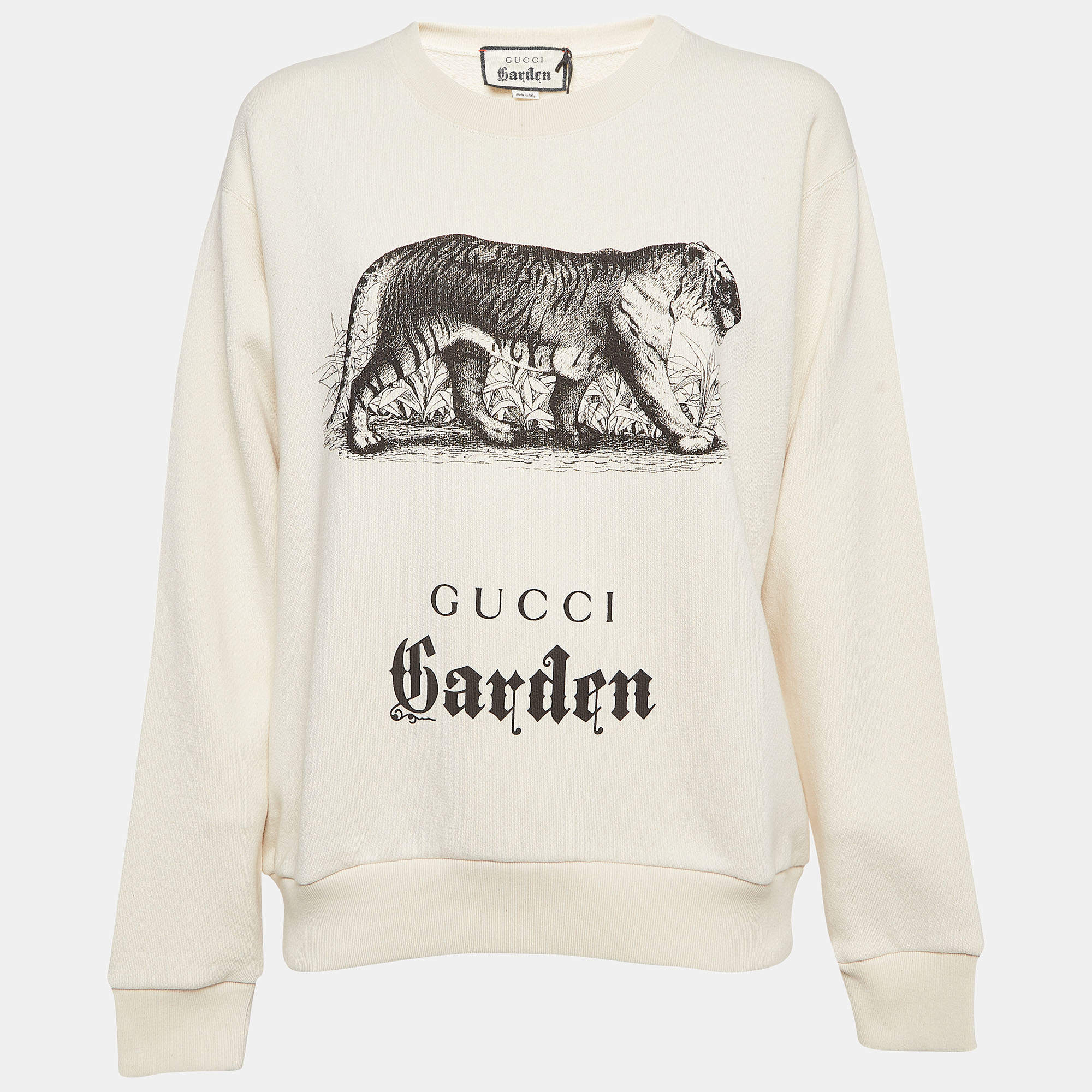 Gucci Cream Tiger Print Cotton Knit Crew Neck Garden Sweatshirt XS