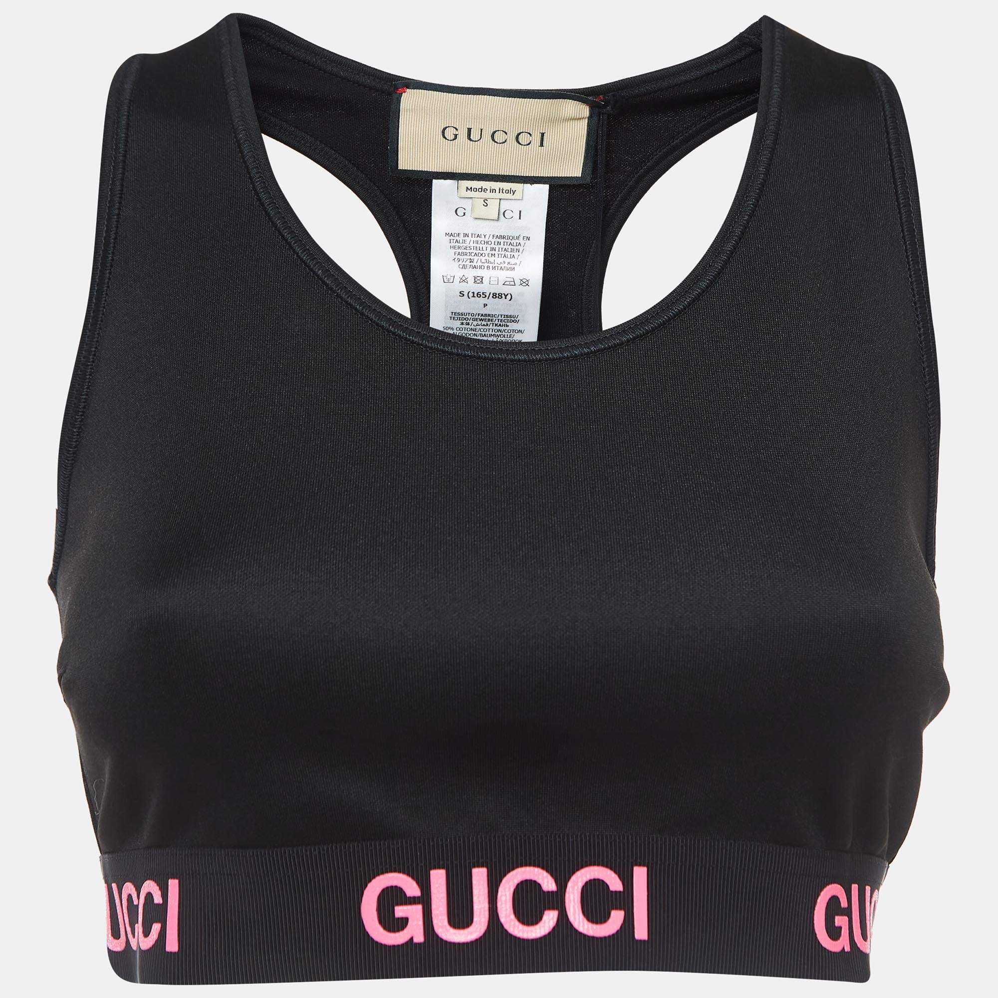 Gucci Black Logo Print Jersey Cropped Tank Top S