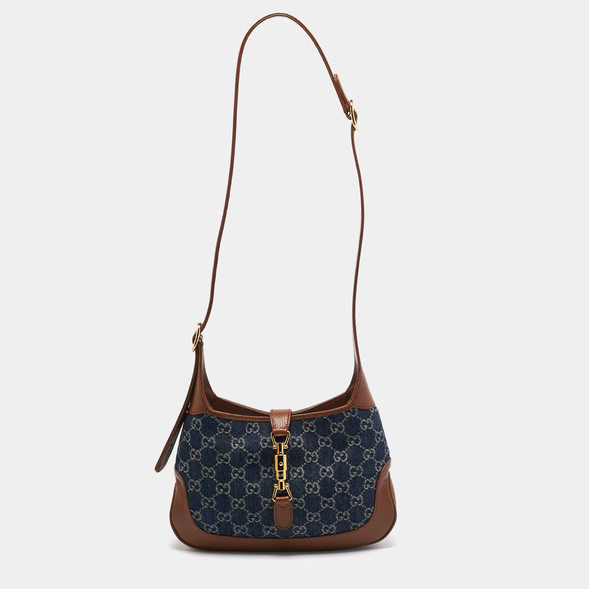 Pre Owned Gucci Blue/Brown GG Denim and Leather Small Jackie 1961 Hobo