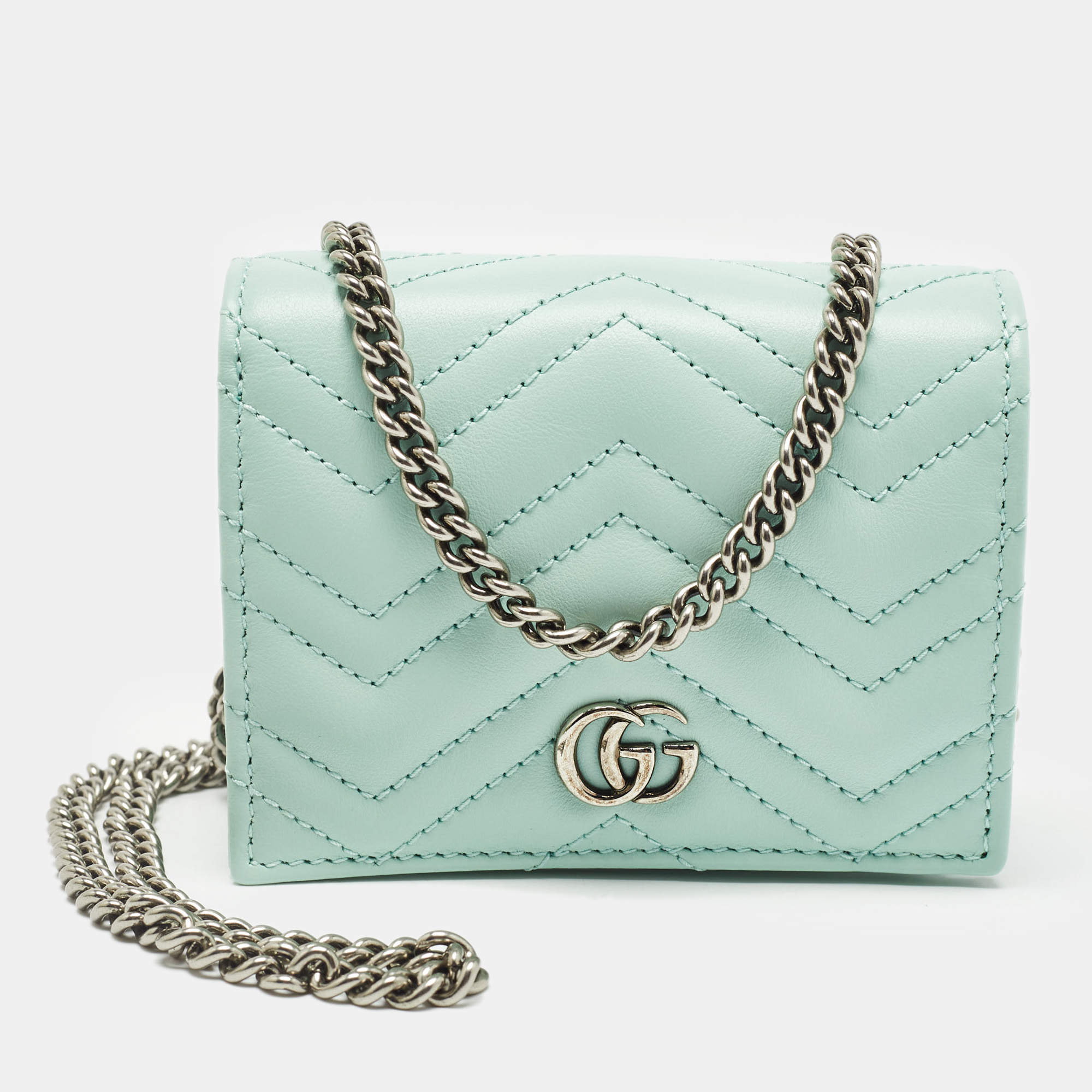 Pre Owned Gucci Light Mint Green Matelassé Leather GG Marmont Compact Wallet on Chain