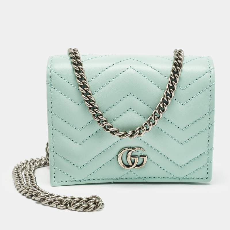 Gucci Light Mint Green Matelassé Leather GG Marmont Compact Wallet on Chain