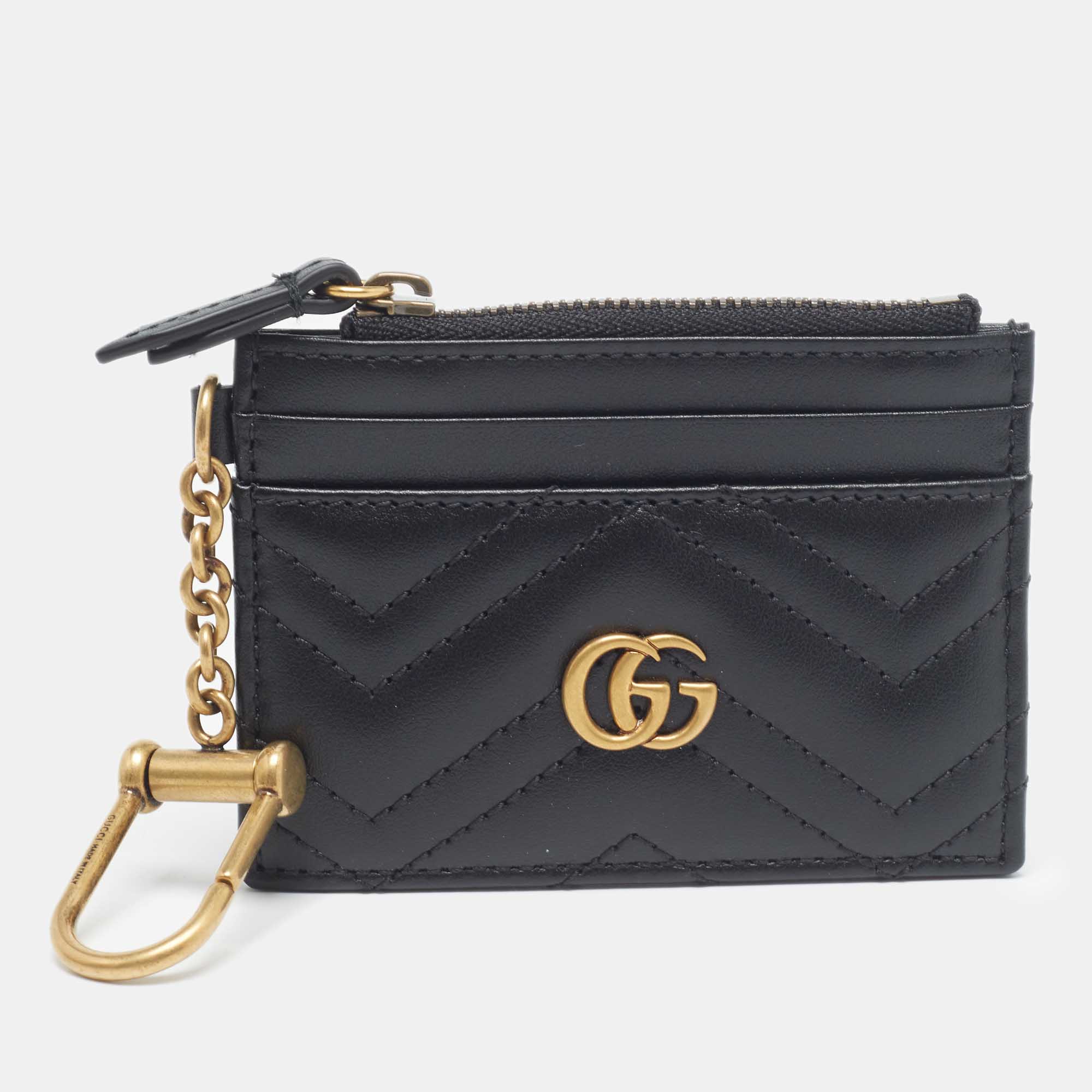 Gucci Black Matelassé Leather GG Marmont Keychain Wallet