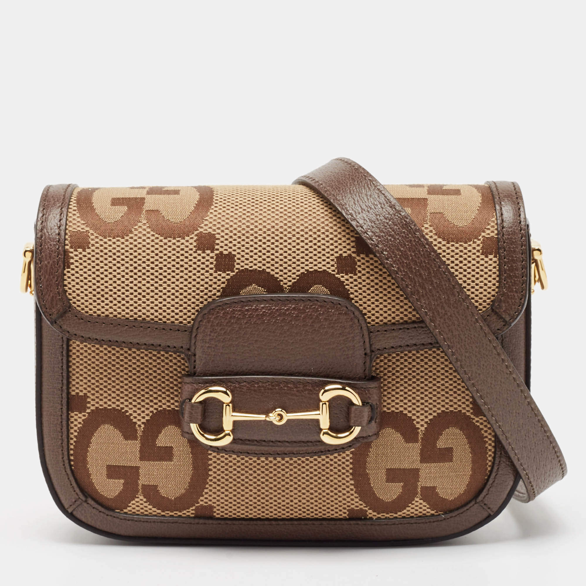 مملوكة مسبقًا Gucci Brown/Beige Jumbo GG Canvas Mini Horsebit 1955 Shoulder Bag