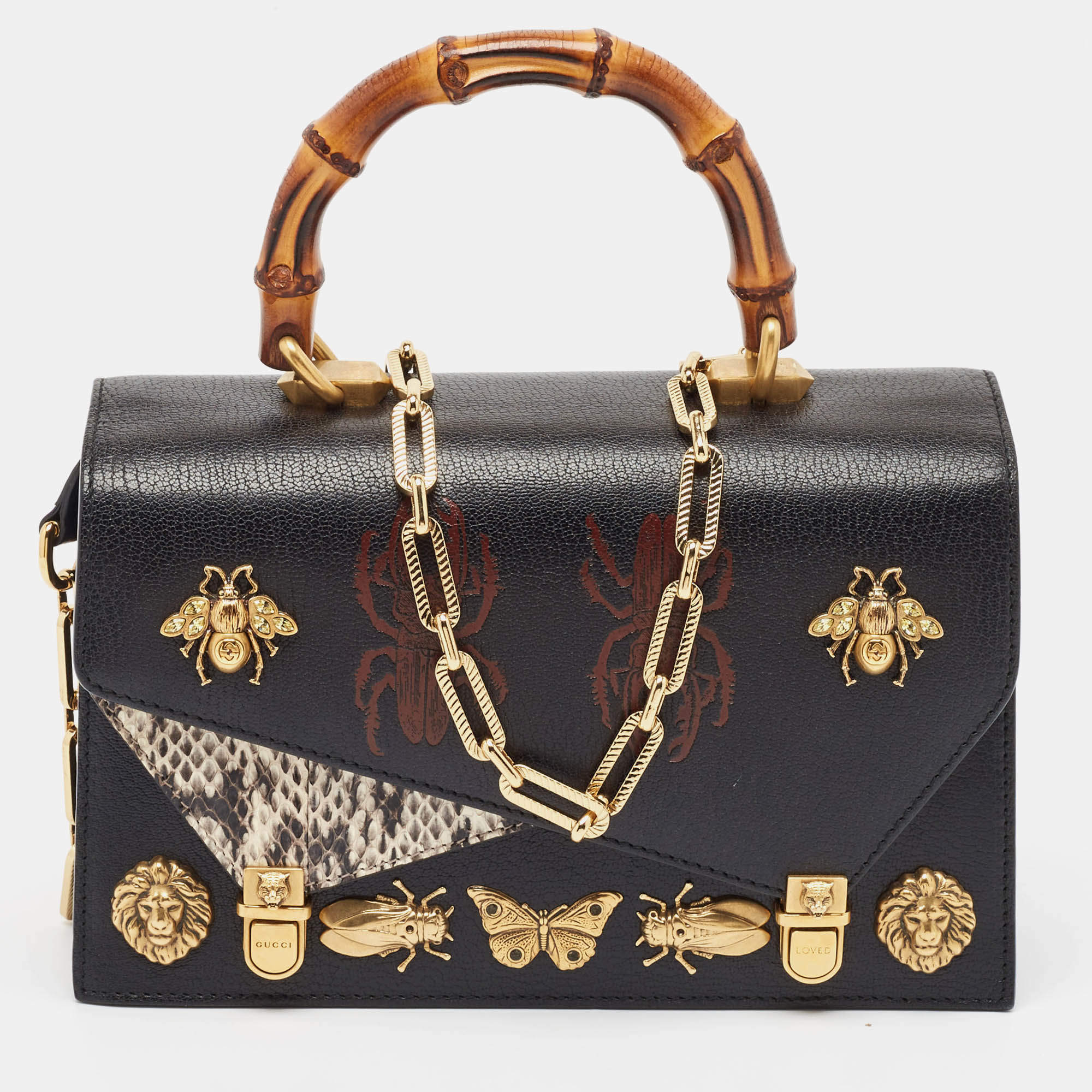 Pre Owned Gucci Black Python and Leather Studded Ottilia Bamboo Top Handle Bag