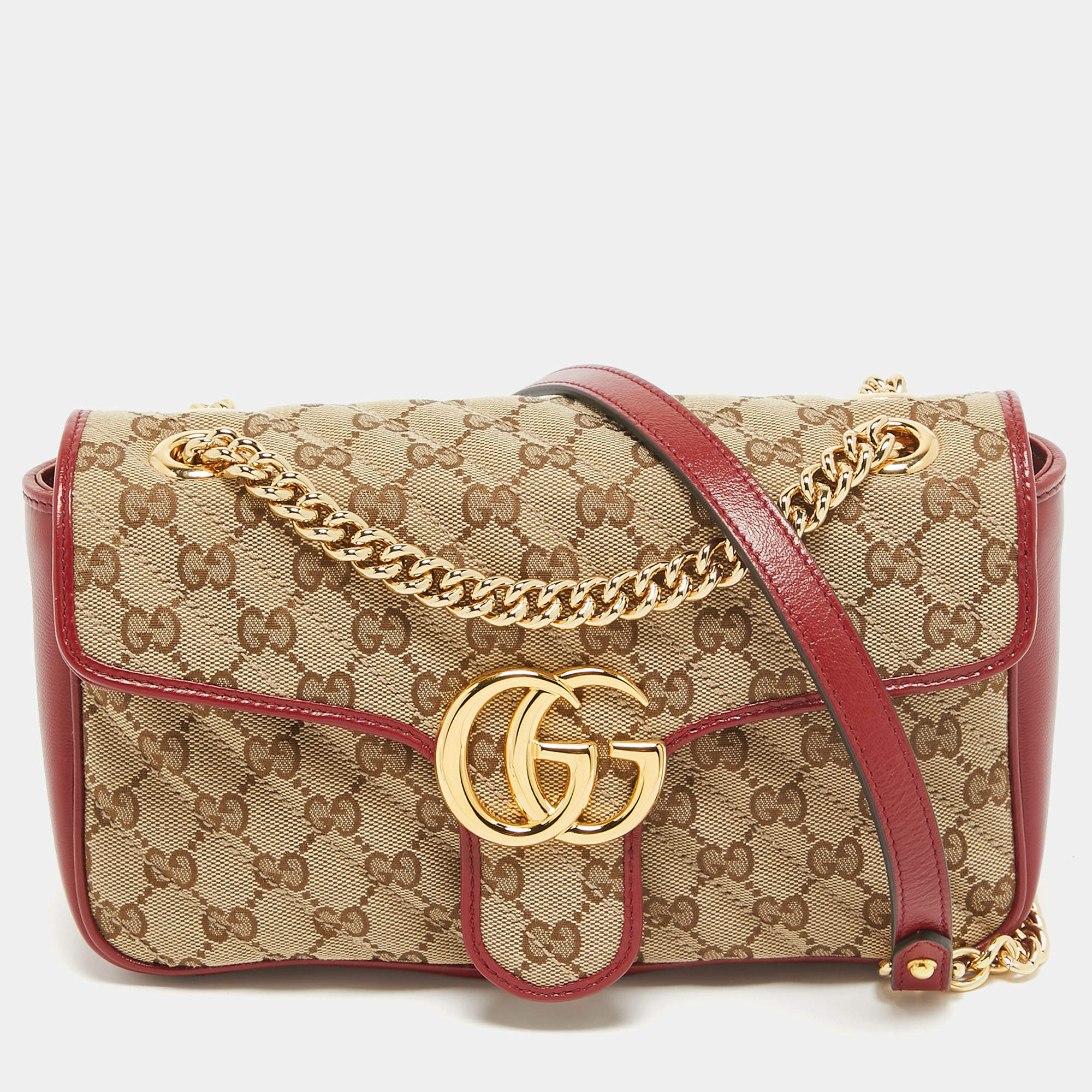Pre Owned Gucci Beige/Red Diagonal Quilt GG Canvas and Leather Small GG Marmont Shoulder Bag