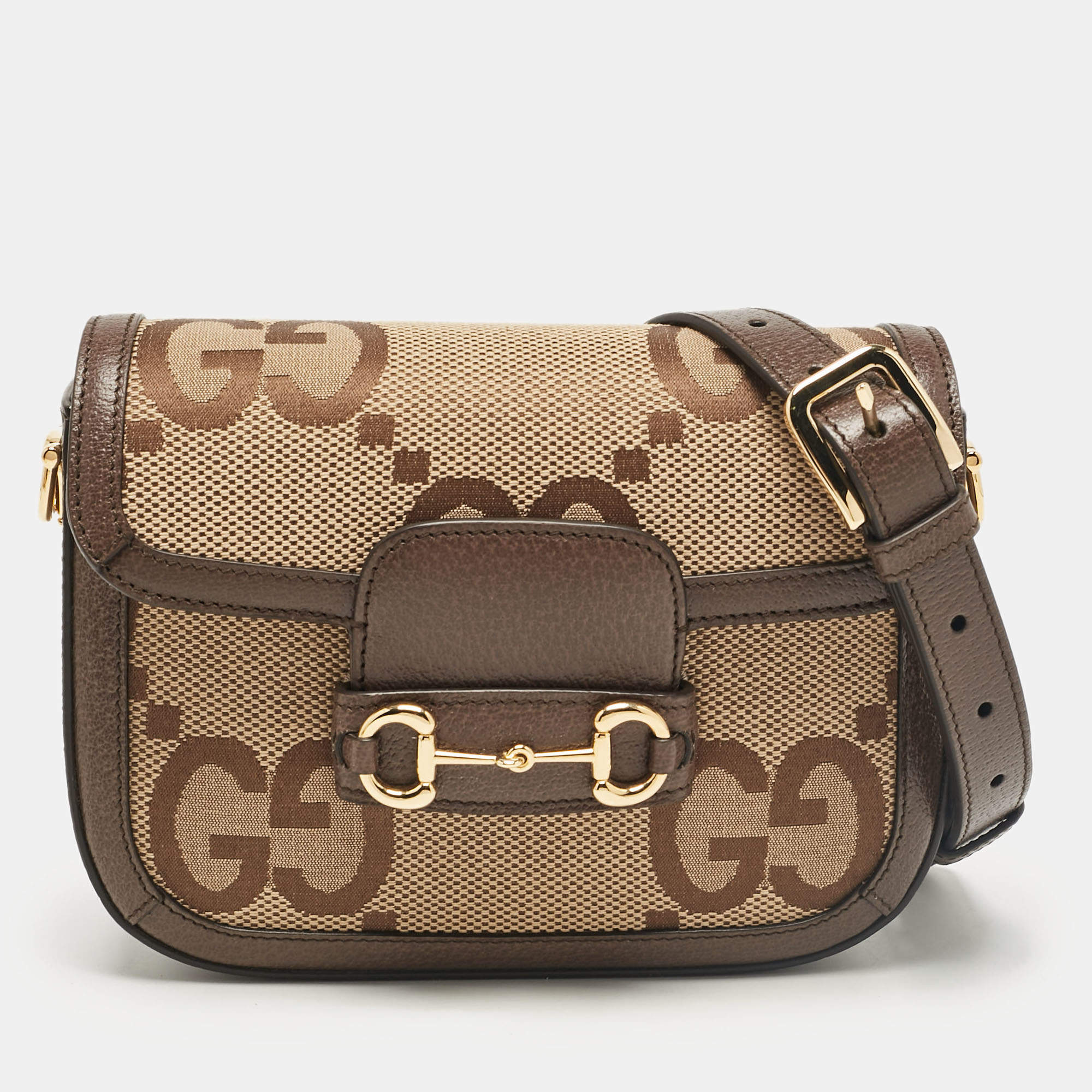 Gucci Brown/Beige Jumbo GG Canvas and Leather Horsebit 1955 Crossbody Bag